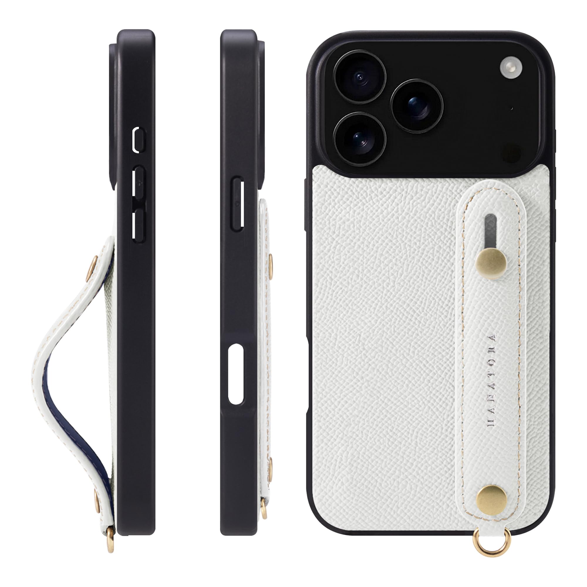 HANATORA for iPhone 17ProMax ケース 本革 耐衝撃 背面ベルト スマホケース スマホ スタンド機能 ネック ストラップ 付き エンボスレザー ギフト マグネットなし ホワイト NGH-17ProMax-White｜WES STORE