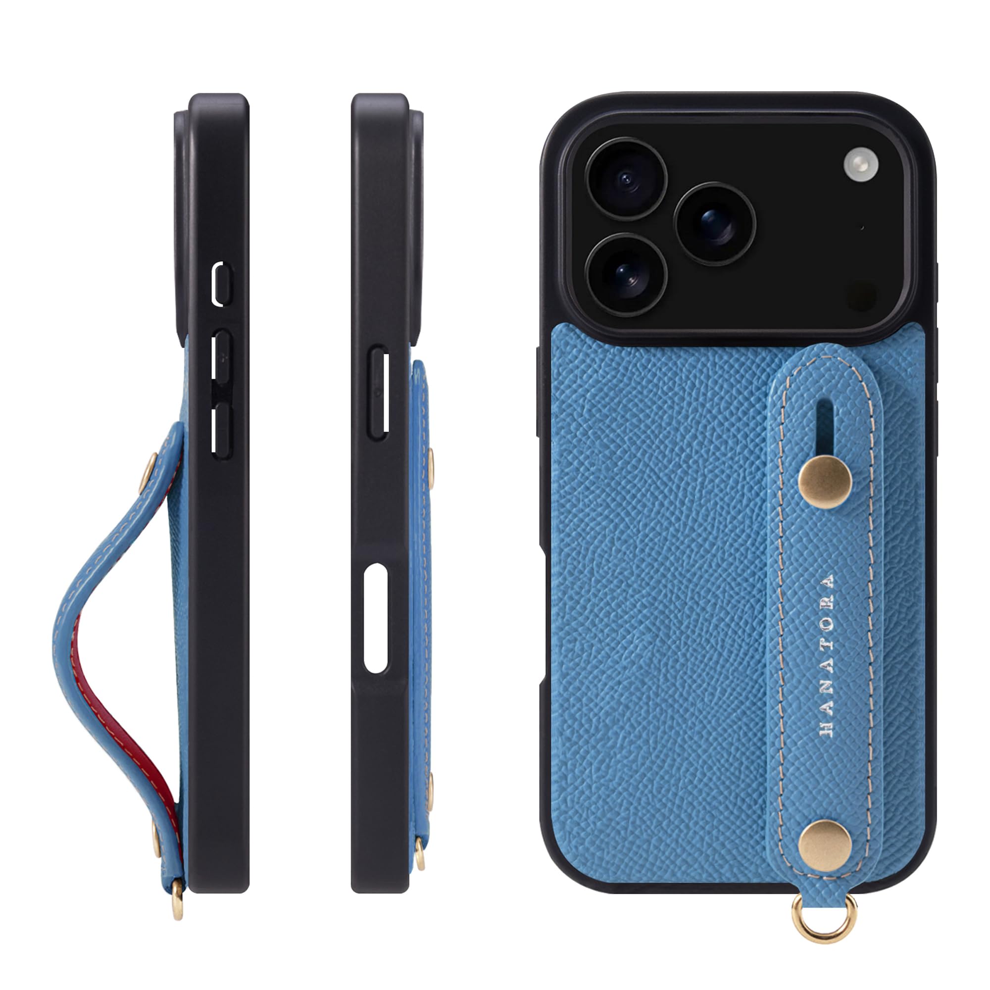 HANATORA for iPhone 17Pro ケース 本革 耐衝撃 背面ベルト スマホケース スマホ スタンド機能 ネック ストラップ 付き エンボスレザー ギフト マグネットなし ブルー イドラ NGH-17Pro-Bluehydra|WES STORE