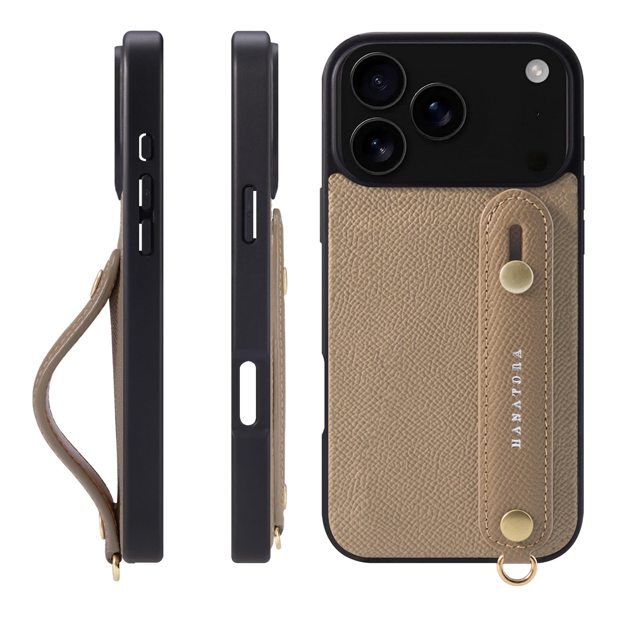 HANATORA for iPhone 17ProMax ケース 本革 耐衝撃 背面ベルト スマホケース スマホ スタンド機能 ネック ストラップ 付き エンボスレザー ギフト マグネットなし グレージュ NGH-17ProMax-Grege|WES STORE
