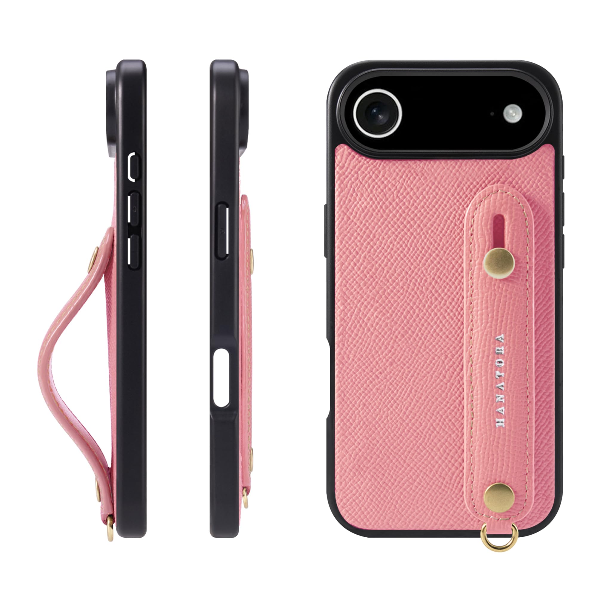 HANATORA for iPhone 17Air ケース 本革 耐衝撃 背面ベルト スマホケース スマホ スタンド機能 ネック ストラップ 付き エンボスレザー ギフト マグネットなし ピンク NGH-17Air-Pink