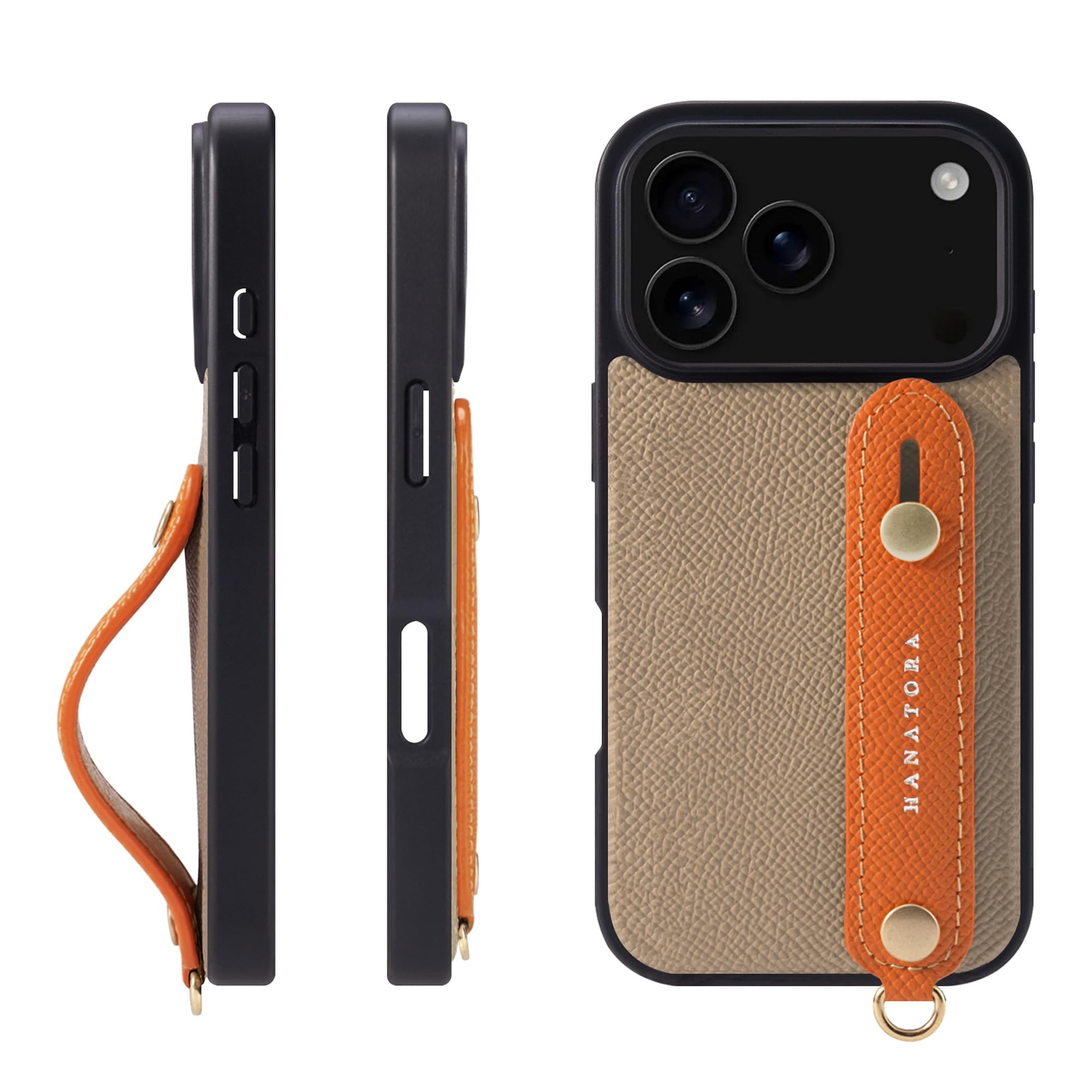 HANATORA for iPhone 17Pro ケース 本革 耐衝撃 背面ベルト スマホケース スマホ スタンド機能 ネック ストラップ 付き エンボスレザー ギフト マグネットなし グレージュ+オレンジ NGH-17Pro-Grege-OG 10,109円
