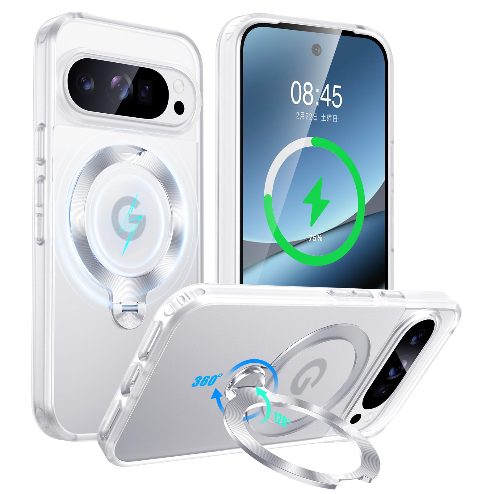Google Pixel 10 Pro XL 用 ケース MagSafe対応 耐衝撃 360°回転磁気スタンド ワイヤレス充電対応 肌触り良 半透明 ピクセル10 Pro XL カバー 収納式折りたたみスタンド 米軍MIL規格全面保護 指紋防止 黄