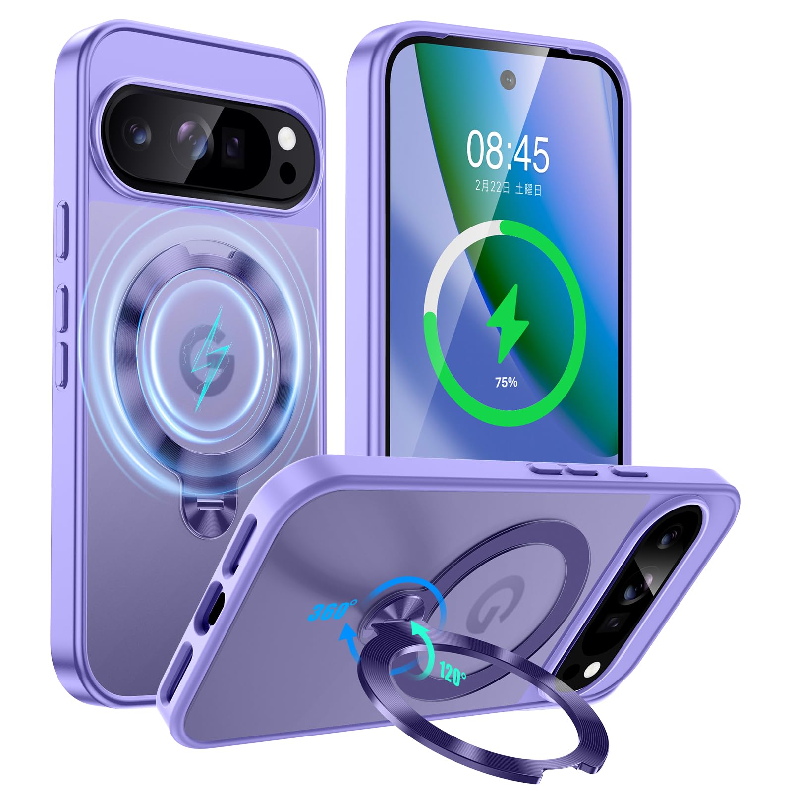 Google Pixel 9 Pro XL ケース MagSafe対応 半透明 360°回転磁気スタンド ワイヤレス充電対応 ピクセル 9 Pro XL カバー 縦横両対応 耐衝撃保護 肌触り良 収納式折りたたみスタンド 米軍MIL規格全面保護
