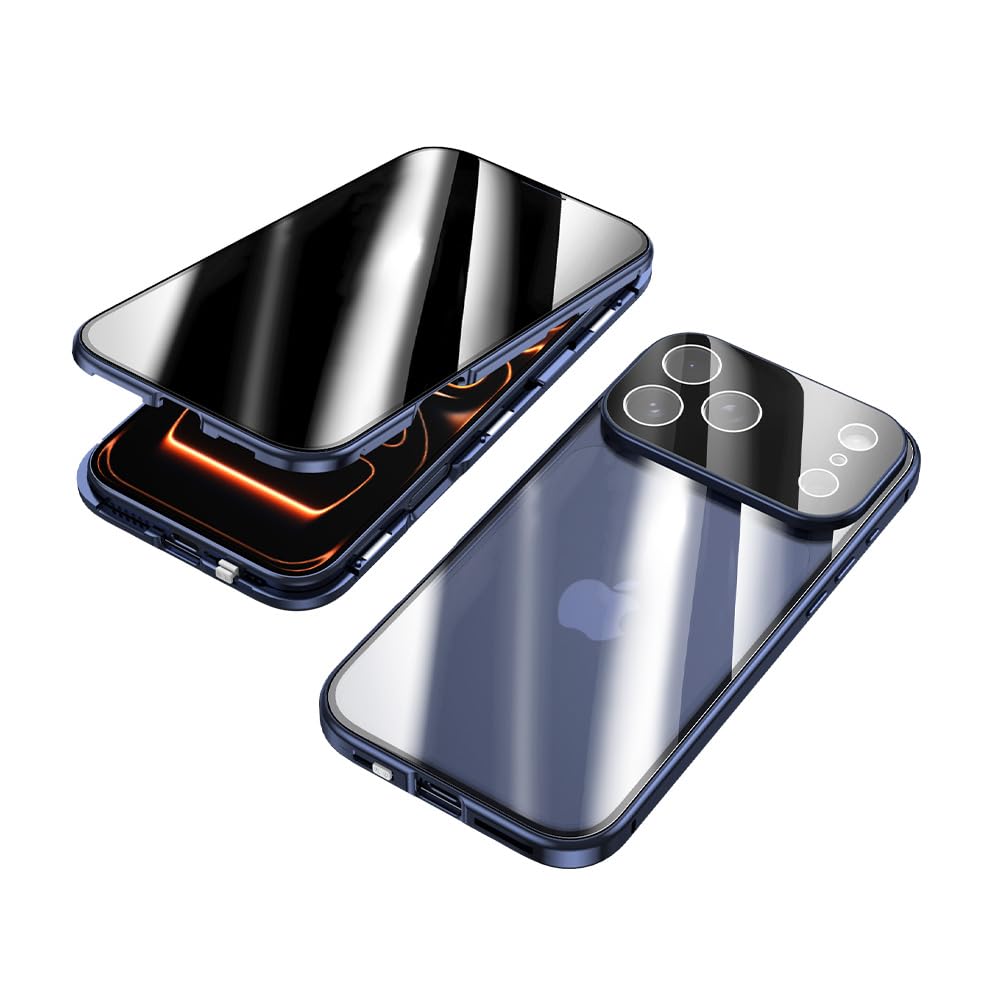 iPhone17 Pro Max 用 ケース 覗き見防止 全面カバー マグネット式 両面ガラス 一体型ガラスフィルム付き カメラ保護 ロック付き アイフォン17promax 対応 フルカバー アルミバンパーケース,ブルー