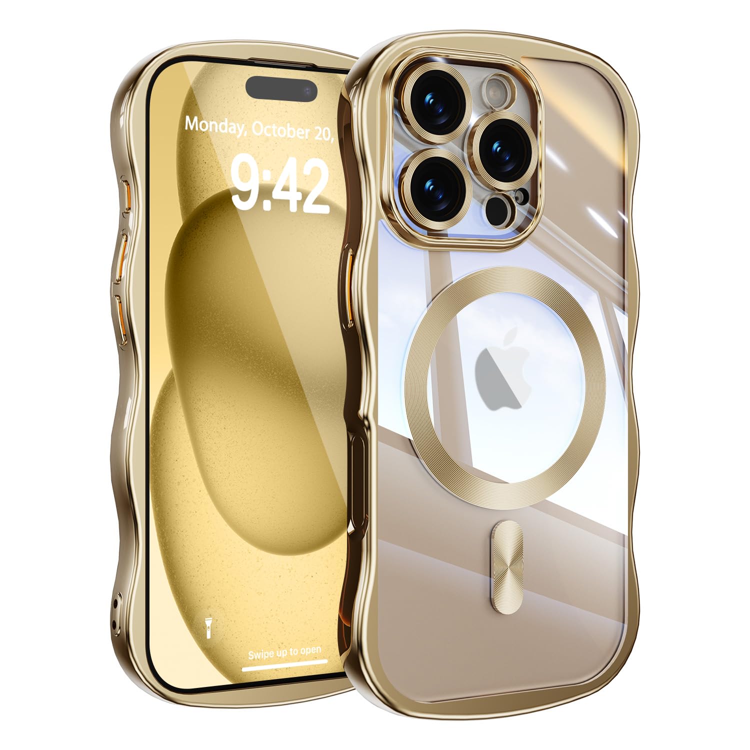 UEEBAI 対応 iPhone 16 Pro 用の ケース 半透明 TPU 電気メッキ 加工 ウェーブデザイン スマホケース MagSafe対応 クリア 可愛い 人気 おしゃれ ケース 薄型 軽量 耐衝撃 電鍍 波型 バンパー スマホケ