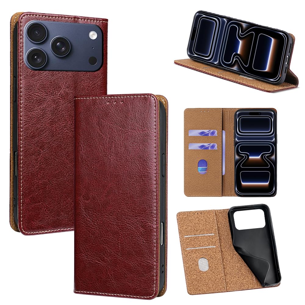 For iPhone 17 Pro ケース 本革 手帳型 For アイフォン17プロ 牛革 カバー 上品 レザー 横置きスタンド機能 カード収納 2枚 人気 マグネット搭載 耐衝撃 全面保護 シンプルカバー 便利 ハンドメイド｜WES STORE