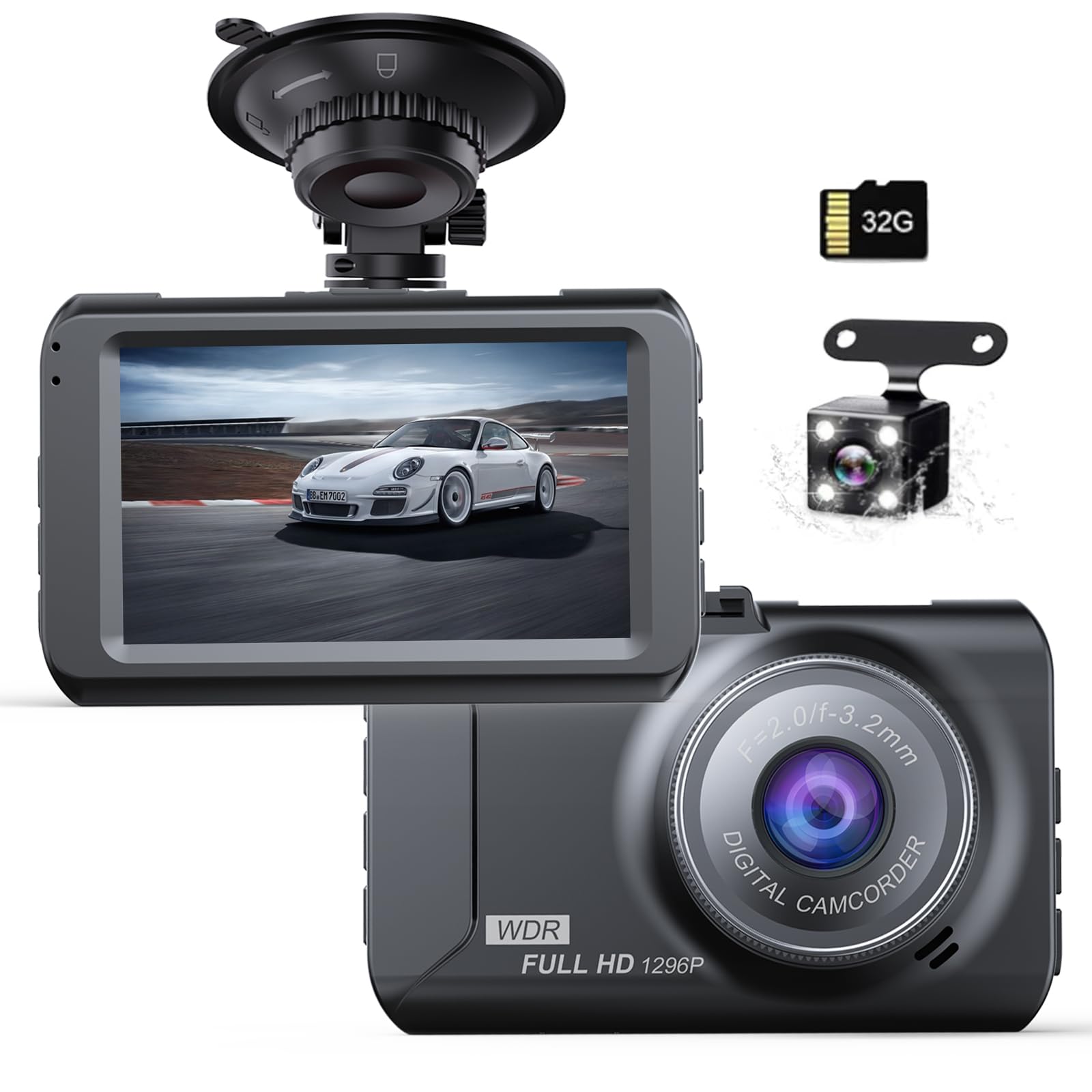 ドラレコ 車用 ドライブレコーダー 前後 2カメラ 3インチドラレコ 小型 ドラレコ 300万画素 1296P 170度超広角 32GBカード付き HDR/WDR画像補正技術 エンジンON/OFF 自動緊急録画 リバース連動 上書|WES STORE