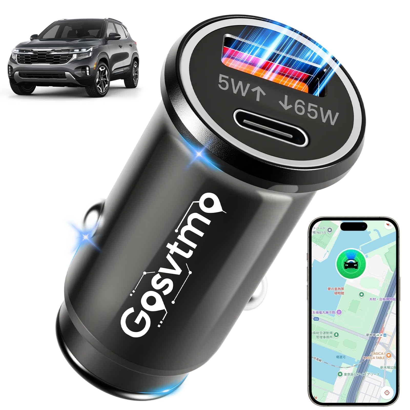 エアタグ＋車載充電 一体型【2025新モデル&業界最高65W出力】 車用エアタグ&シガーソケット充電器 GPSトラッカー 車両追跡 スマートタグ「MFI認証＆GPS全球超強信号」小型 gpsタグ 紛失防止タ