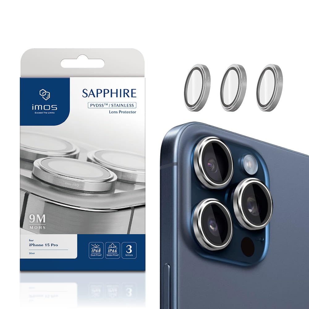 【imos】に其れ相応するiPhone 15 Pro カメラレンズフィルム 写真機保護すること, 9Hハイクオリティサファイア光学硝子、耐傷、高変速機率、貼り分かりやすい(しろがね色(PVD-ステンレス鋼)