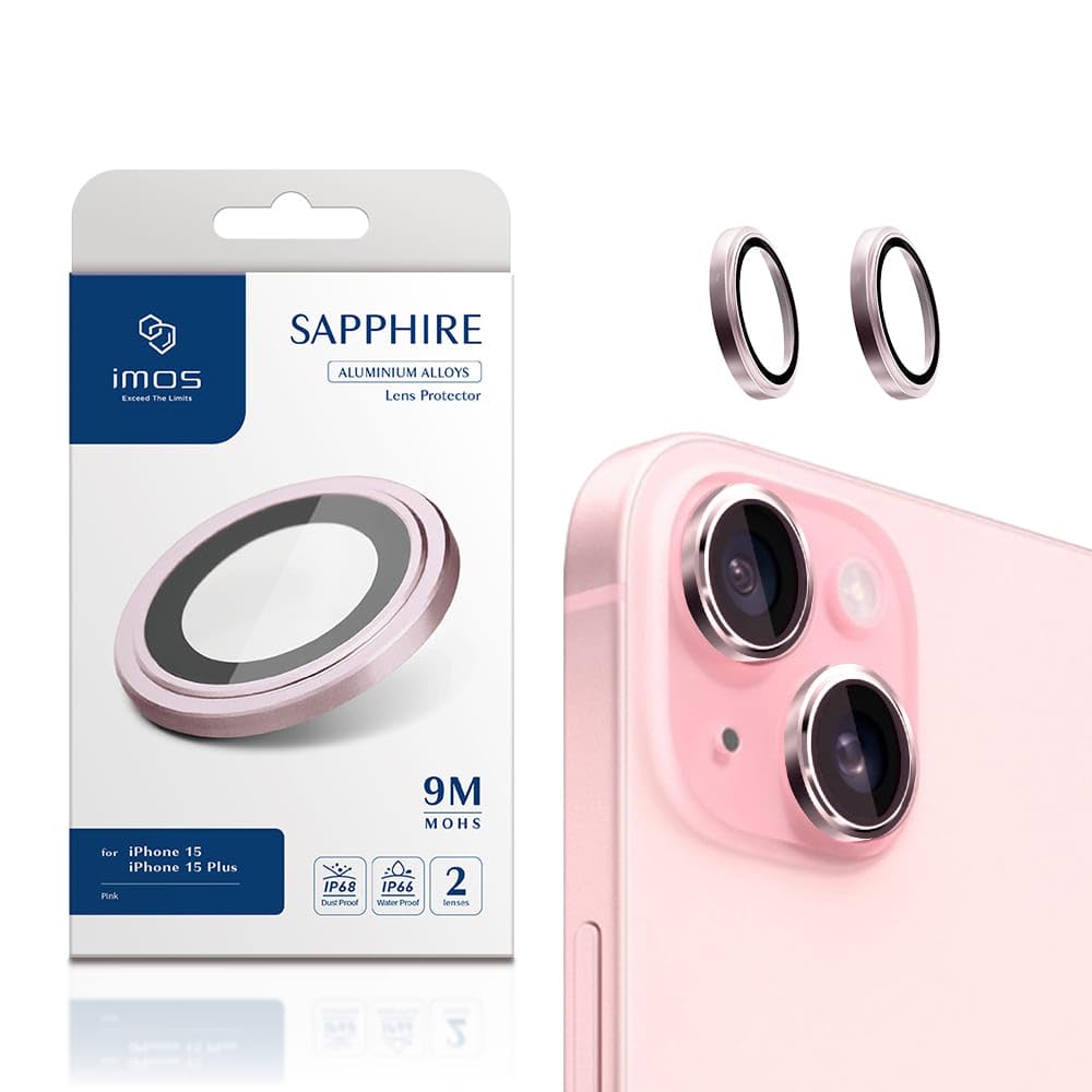 【imos】に適合する iPhone 15/15 Plus カメラレンズフィルム カメラ保護, 9Hハイクオリティサファイア光学ガラス、耐傷、高透過率、貼りやすい(ピンク)