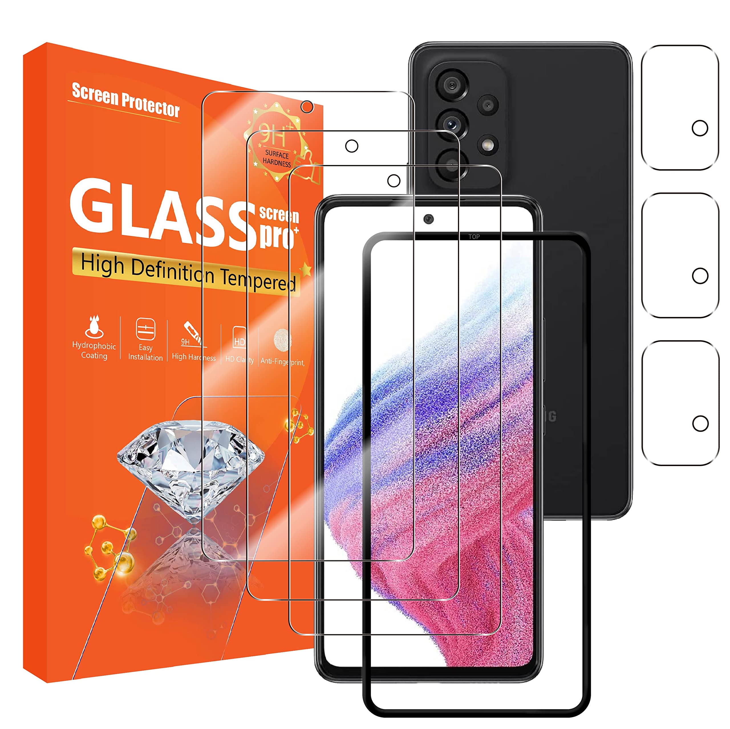 seninhi [3+3風呂敷き包み] Galaxy A53 5G用映写幕プロテクター 3風呂敷き包み + カメラレンズプロテクター 3風呂敷き包み 強化因子ガラススクリーンプロテクター [据え置き飾り気の無い一こま付き添い人] [硬度9H] [傷押しとどめる] [水の泡な