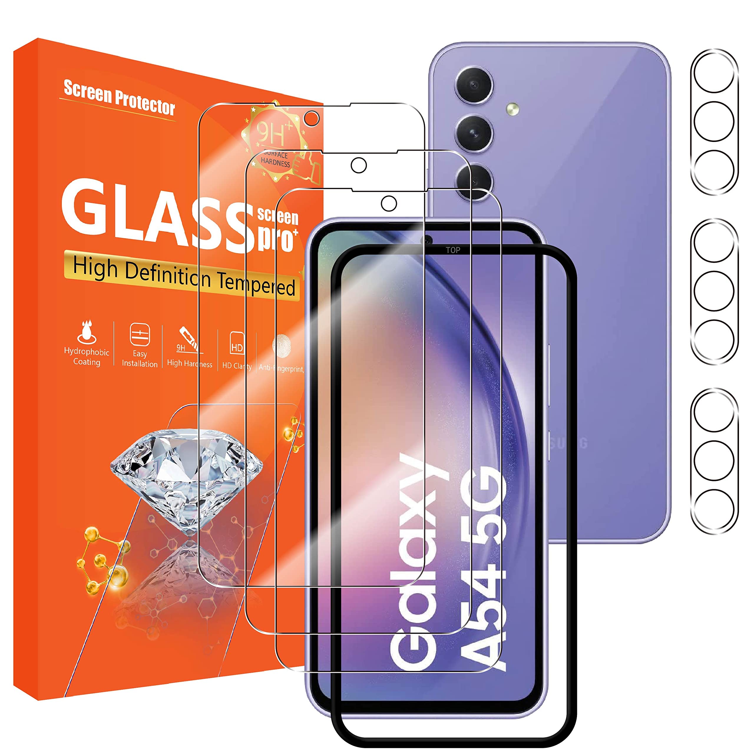 seninhi [3+3枚風呂敷き包み] Galaxy a54 5G用映写幕プロテクター 3風呂敷き包み + カメラレンズプロテクター 3風呂敷き包み 強化因子ガラススクリーンプロテクター GalaxyA54 (6.4in) [据え置き飾り気の無い一こま付き添い人] [硬