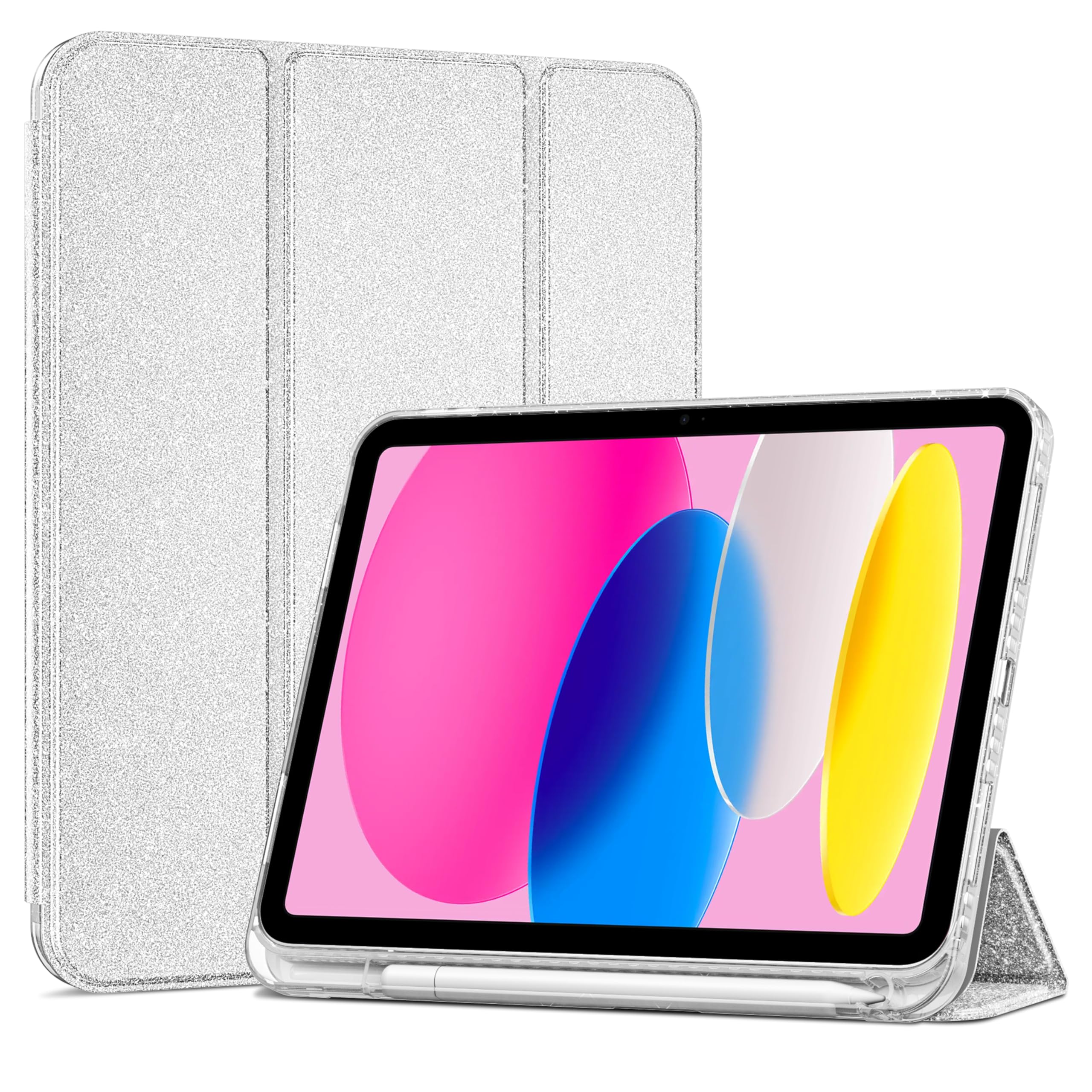 ProCase iPad 11世代/10世代 ケース iPad（A16）11インチ 2025/10.9インチ 2022通用 A2696 A2757 A2777 ペン収納 耐衝撃 三つ折り スタンド スマートカバー (キラキラシルバー)
