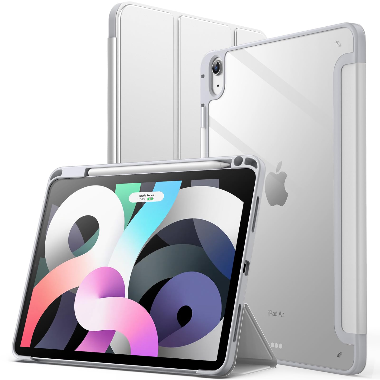 JETech iPad Air 11 インチ M3/M2 (2025/2024)、iPad Air 5/4 ケース 10.9 インチ (第5/4世代、2022/2020モデル用) Pencil収納可能透明バックカバー 薄型 スタンド 衝撃吸収 タブレットカバー オートウェイク/スリ