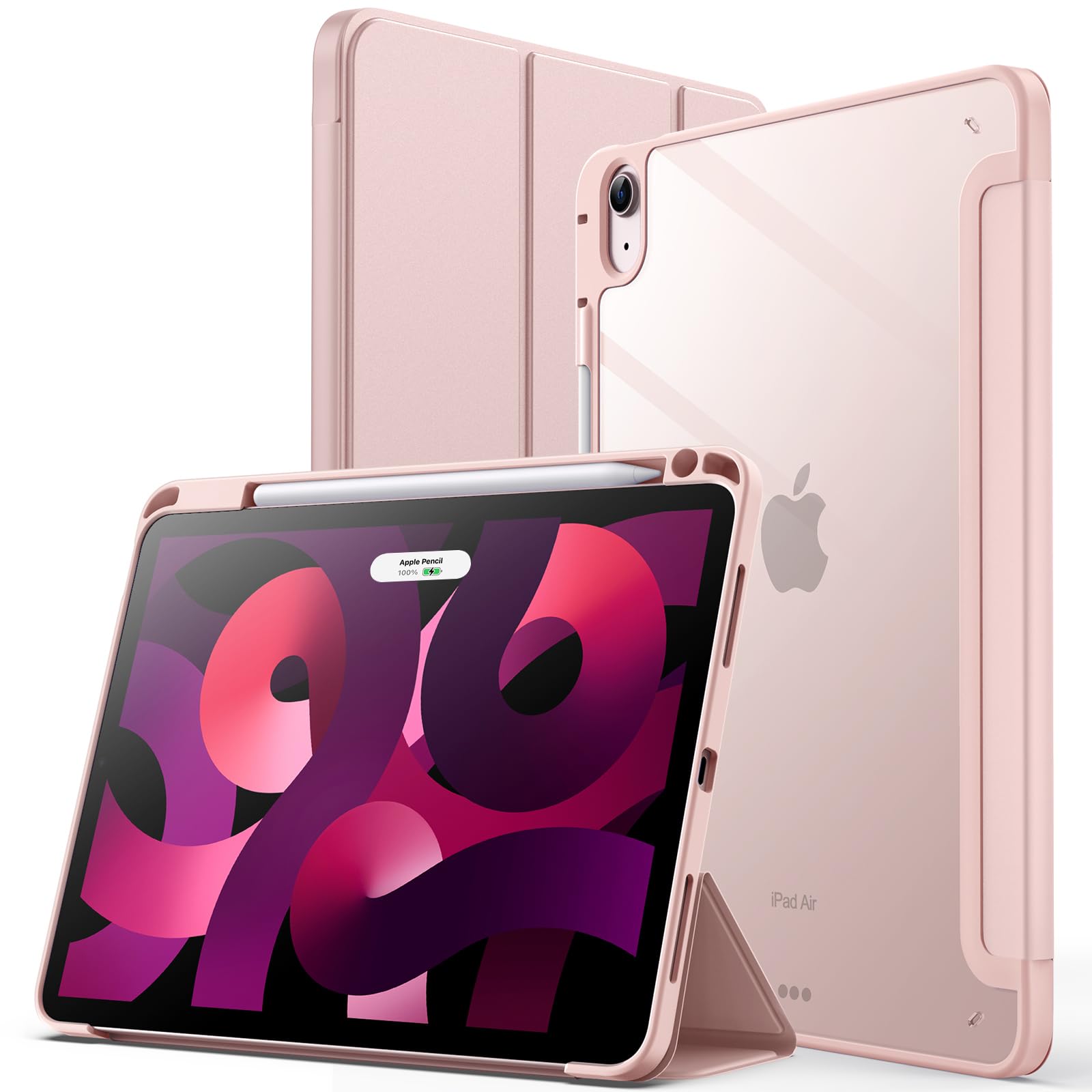 JETech iPad Air 11 インチ M3/M2 (2025/2024)、iPad Air 5/4 ケース 10.9 インチ (第5/4世代、2022/2020モデル用) Pencil収納可能透明バックカバー 薄型 スタンド 衝撃吸収 タブレットカバー オートウェイク/スリ