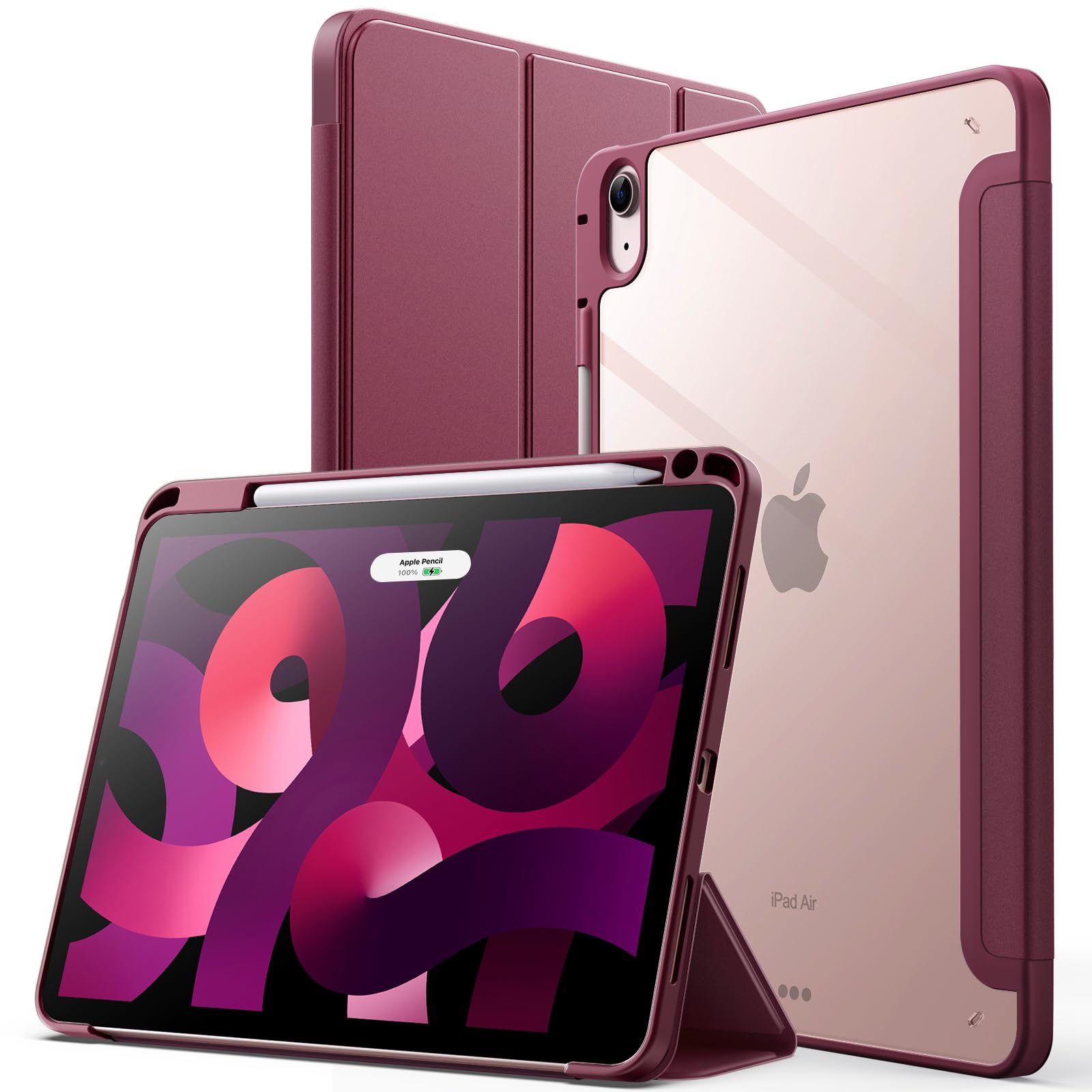 JETech iPad Air 11 インチ M3/M2 (2025/2024)、iPad Air 5/4 ケース 10.9 インチ (第5/4世代、2022/2020モデル用) Pencil収納可能透明バックカバー 薄型 スタンド 衝撃吸収 タブレットカバー オートウェイク/スリ