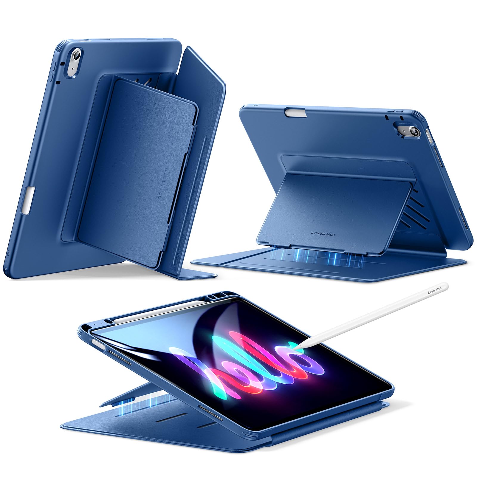 ESR iPad Air 13インチ ケース (M3/M2、2025/2024) ペン収納 耐衝撃 縦横スタンド 自動ウェイク/スリープ Pencil Pro/USB-C ワイヤレス充電対応 マルチアングルケース Flipシリーズ ネイビーブルー|WES STORE