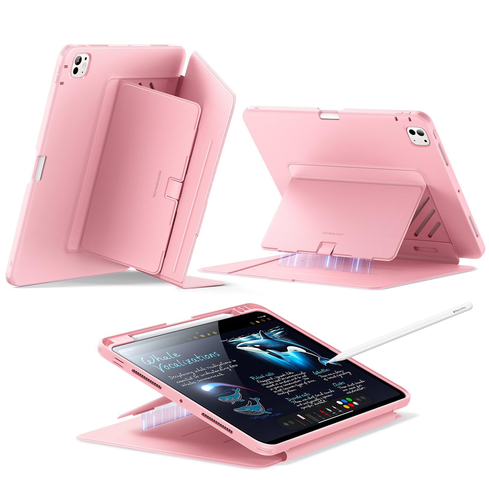 ESR iPad Pro 11in 入れもの（M5/M4、2025/2024）相応う 書き込み納める 耐衝撃 縦横照明ランプ 自動小銃ウェイク/静止状態 Pencil Pro/USB-C相応う マルチアングルケース Flip続きもの サクラ色