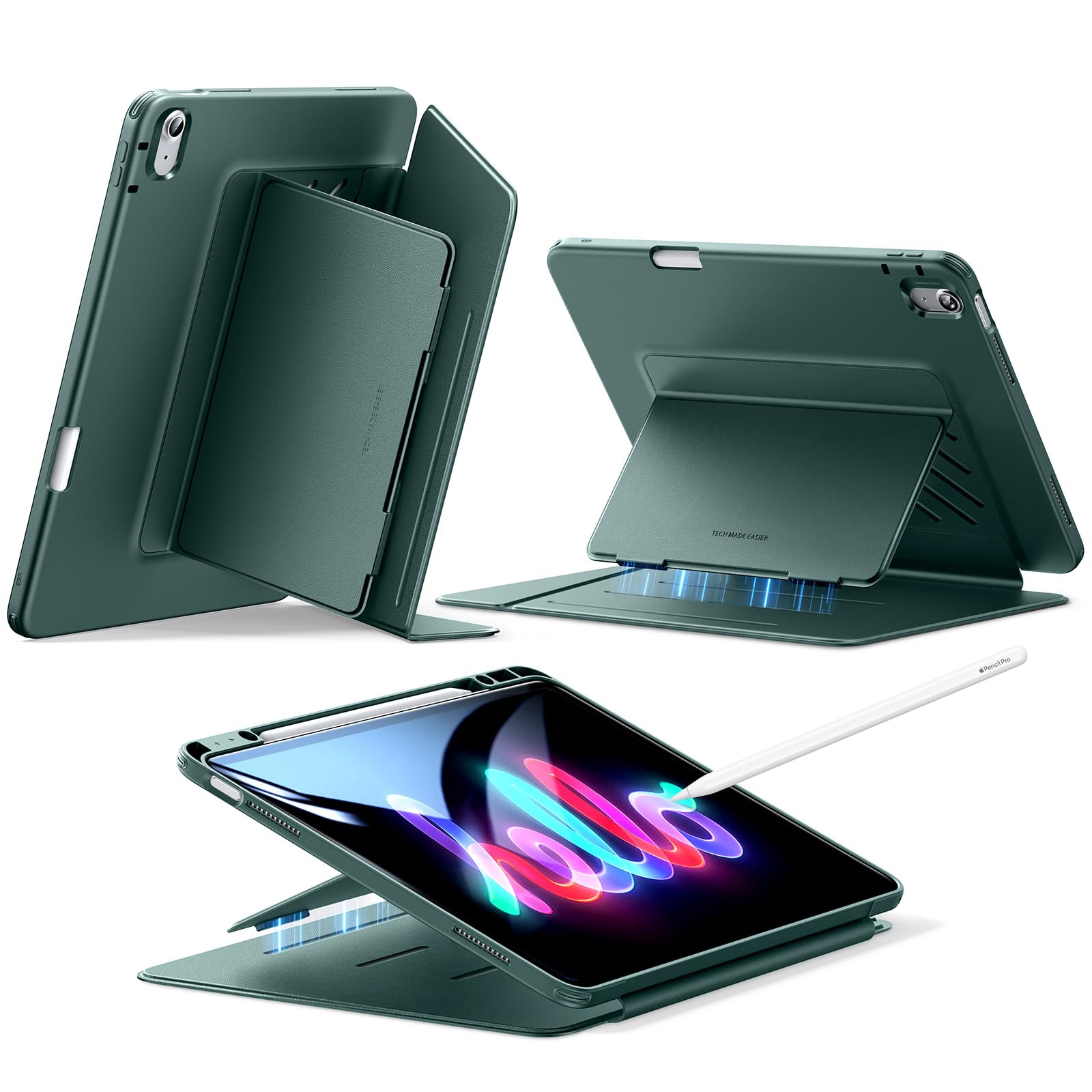 ESR iPad Air 13in 入れもの (M3/M2、2025/2024) 書き込み納める 耐衝撃 縦横照明ランプ 自動小銃ウェイク/静止状態 Pencil Pro/USB-C 無線電話申し受ける相応う マルチアングルケース Flipつづき物 緑であること