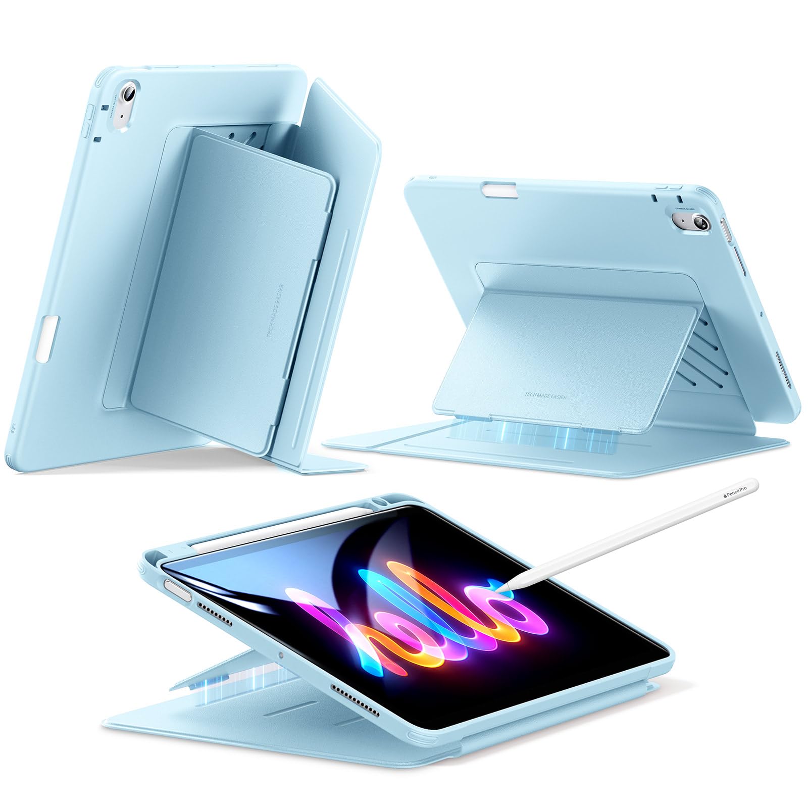 ESR iPad Air 11インチ ケース(M3/M2、2025/2024) iPad Air 第5/4世代 専用カバー(2022/2020) ペン収納 耐衝撃 縦横スタンド 自動ウェイク/スリープ Pencil Pro/USB-C ワイヤレス充電対応 マルチアングルケース 11