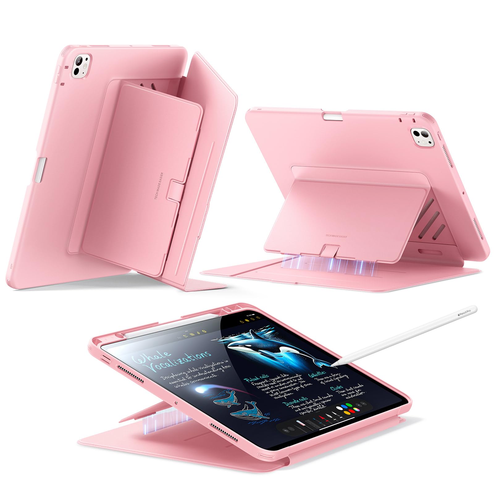 ESR iPad Pro 13in 入れもの（M5/M4、2025/2024）相応う 書き込み納める 耐衝撃 縦横照明ランプ 自動小銃ウェイク/静止状態 Pencil Pro/USB-C相応う マルチアングルケース Flipつづき物 サクラ色