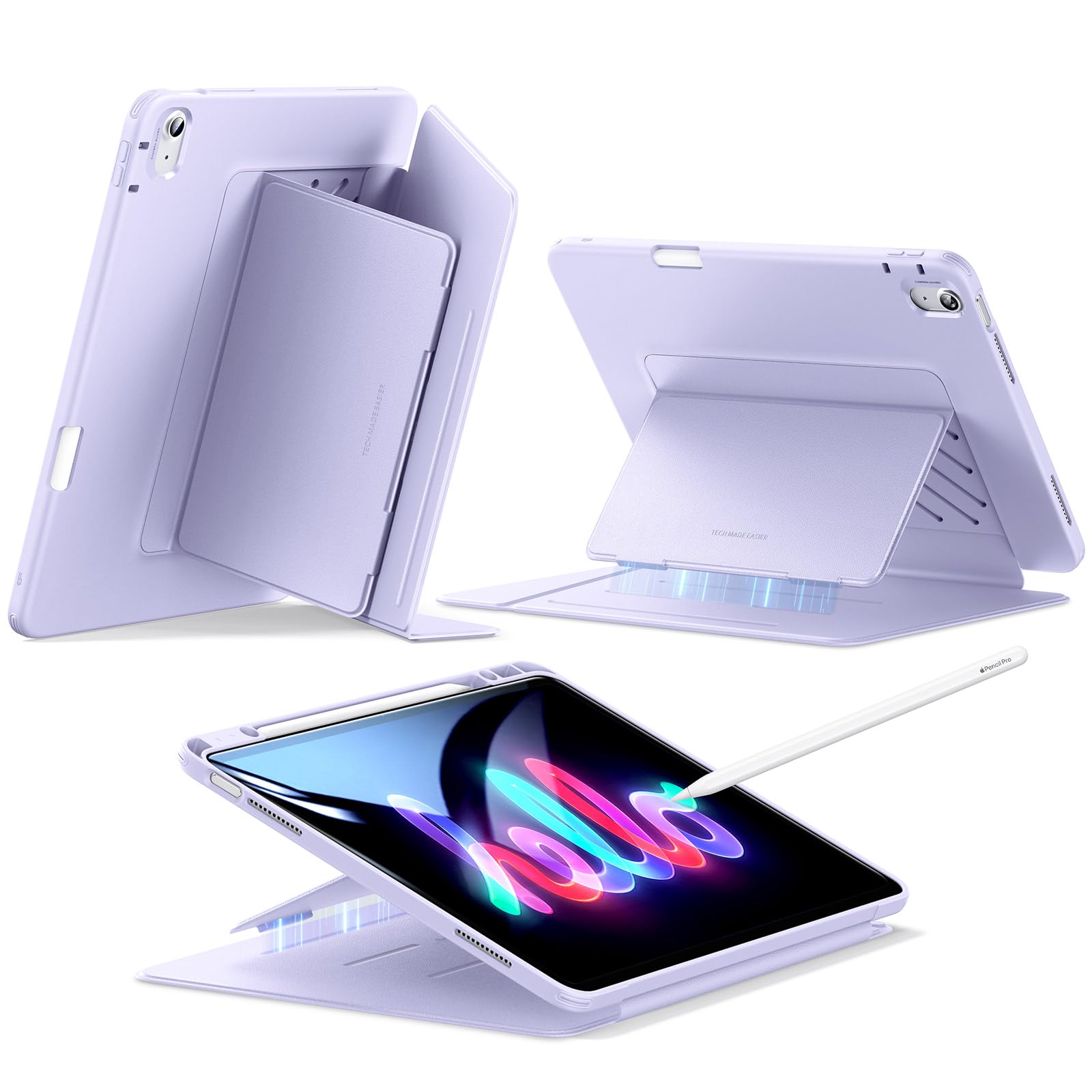 ESR iPad Air 13in 入れもの (M3/M2、2025/2024) 書き込み納める 耐衝撃 縦横照明ランプ 自動小銃ウェイク/静止状態 Pencil Pro/USB-C 無線電話申し受ける相応う マルチアングルケース Flipつづき物 パープル