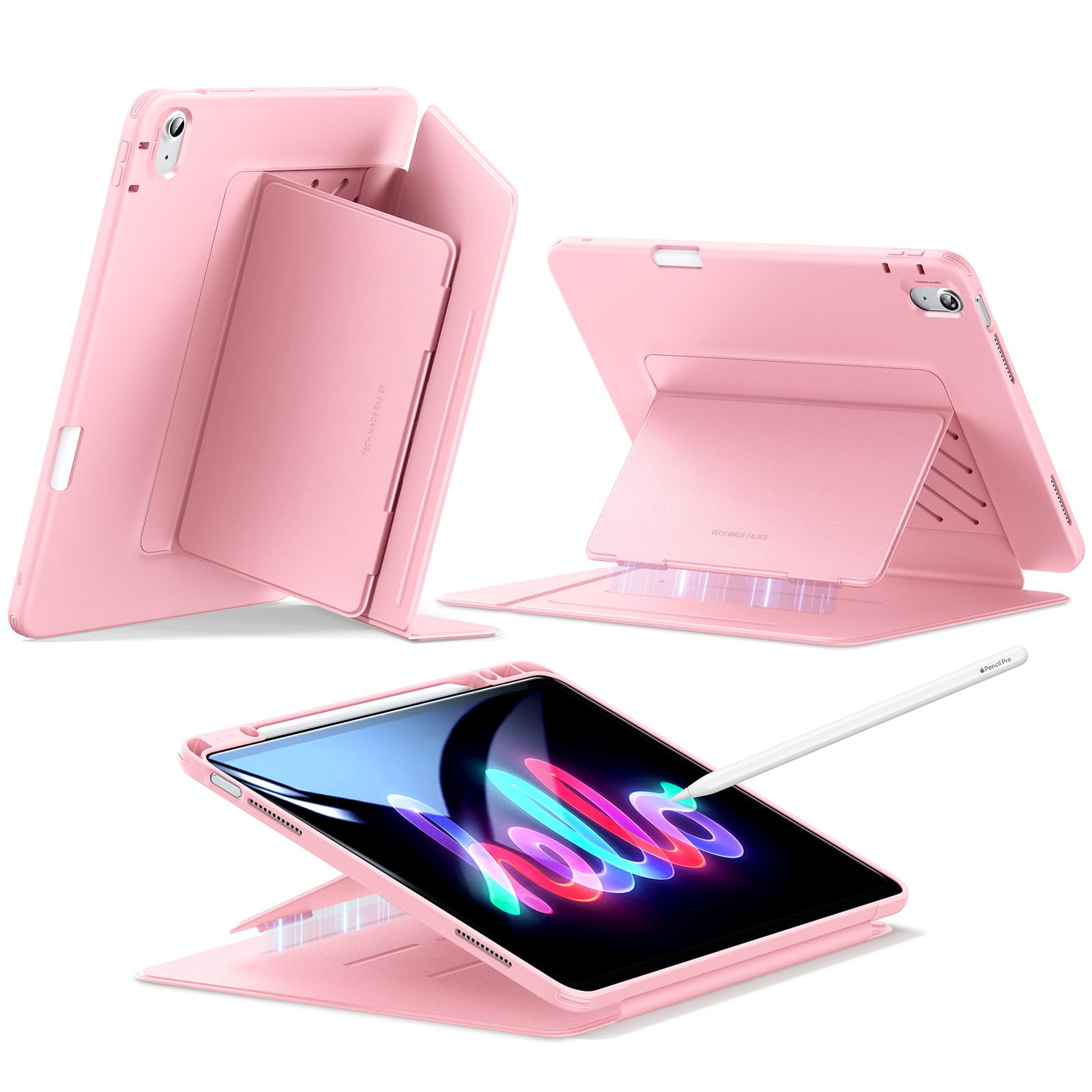 ESR iPad Air 13in 入れもの (M3/M2、2025/2024) 書き込み納める 耐衝撃 縦横照明ランプ 自動小銃ウェイク/静止状態 Pencil Pro/USB-C 無線電話申し受ける相応う マルチアングルケース Flipつづき物 サクラ色