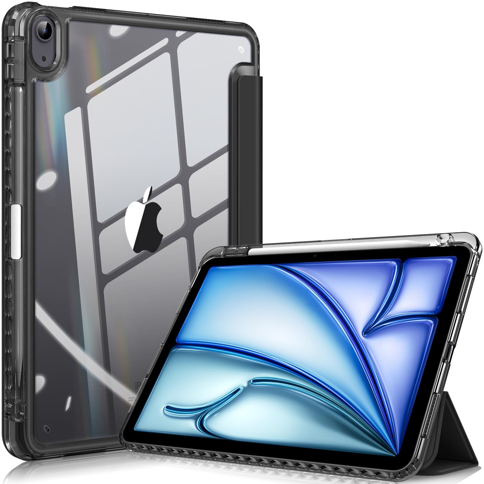 Fintie iPad Air 11インチ ケース M3 (2025 第7世代) / M2 (2024 第6世代) / Air 5/4 ケース 2022/2020 10.9 インチ 透明バックカバー Apple Pencil 収納可能 ワイヤレス充電対応 三つ折スタンド スリープ機能 軽量