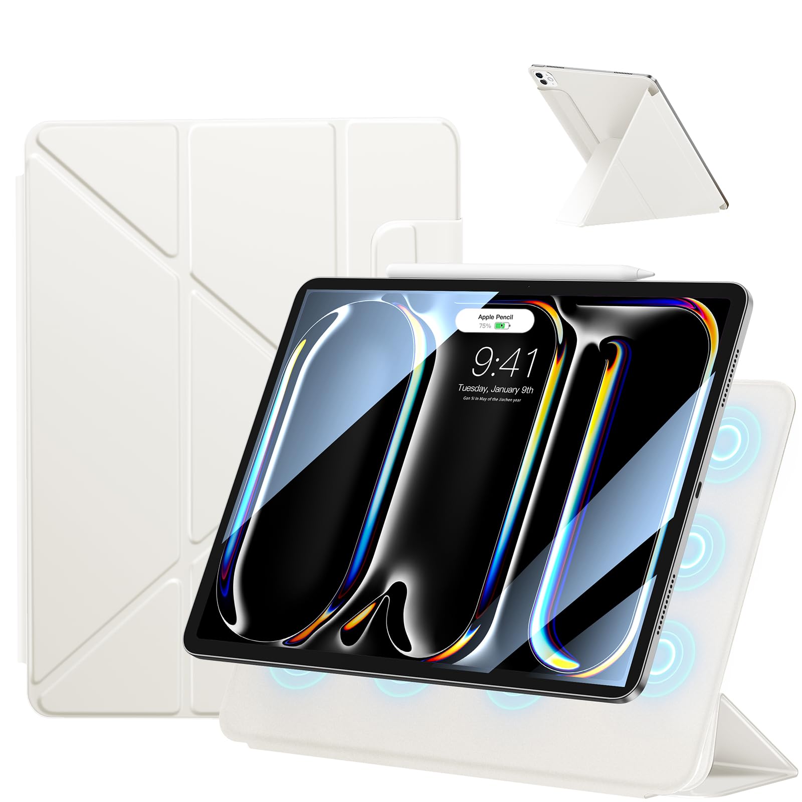SANDUODD iPad Pro 13in 入れもの M4/M5 2024/2025用 豪然たる磁石へばり着く式 横置＆縦置 角度合わせる能力のある Y折照明ランプ Pencil保持者付き添い人 iPad Pro 押しかぶせる 13in 軽さ オートスリープ/ウェイク相応う (クリ
