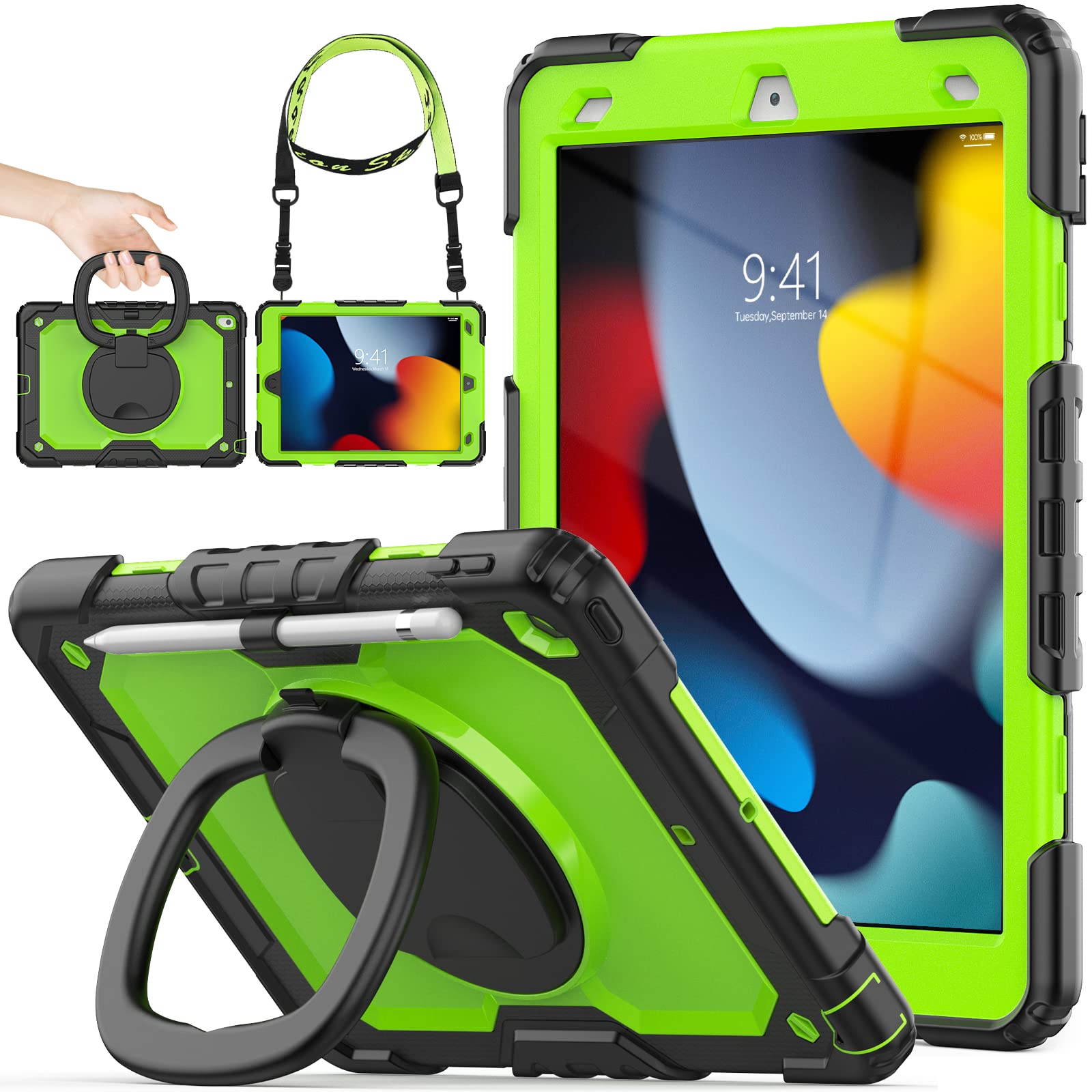 SEYMAC stock iPadケース 第9/8/7世代 リングハンドル耐衝撃ケース 10.2インチ専用 ペン収納 ショルダーストラップ フィルム付きフレーム(グリーン+ブラック)｜WES STORE