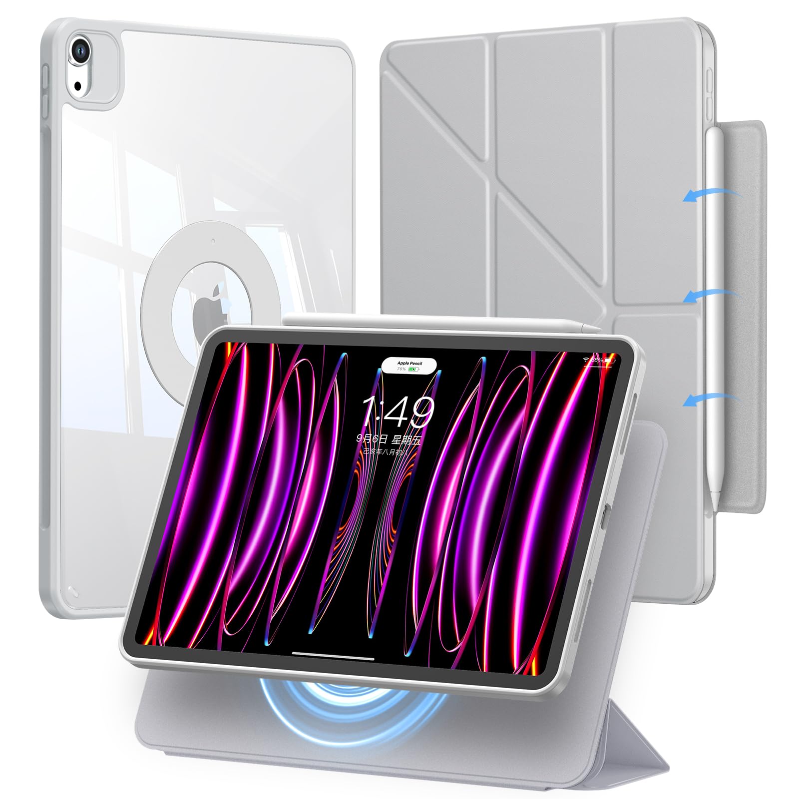 iPad Air 13in 容れもの M2/M3相応う（2024/2025）iPad Pro 12.9in 専用取りまかなう 第6/5/4時人（2022/2021/2020）磁気式\u0026着脱式 折り照明ランプ容れもの ぼうぜん自失保護すること 横置＆縦置角度合わせる能力のある ３角形の社会システム 兼ね合い設
