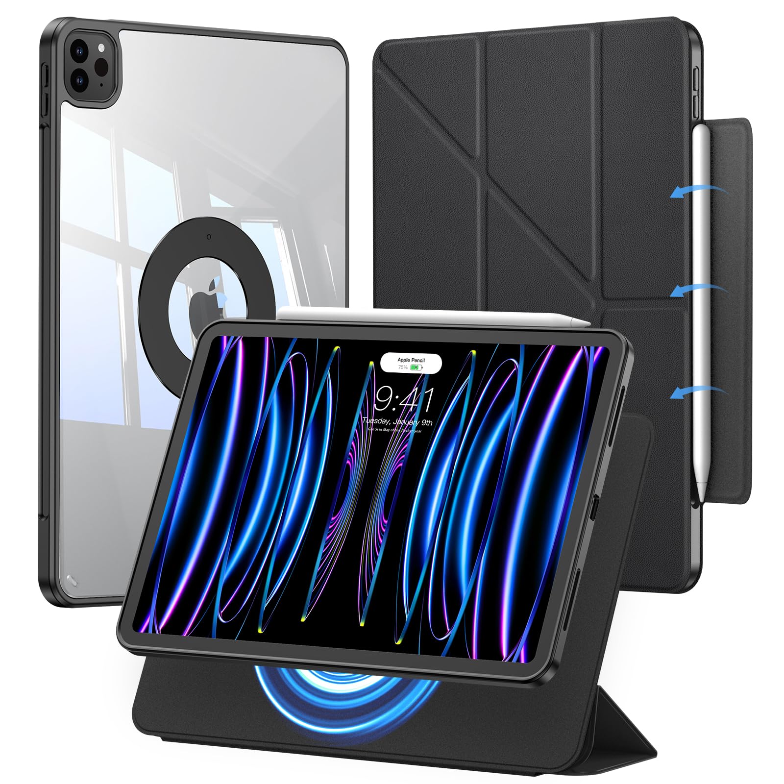 iPad Pro 11in 容れもの 第4/3/2時人（2022/2021/ 2020相応う）専用押しかぶせる 磁気式\u0026着脱式 折り照明ランプ容れもの付き添い人 縦置き/横置き 角度自然調整能力のある 二重ぼうぜん自失保護すること ３角形の社会システム 振り合い心積もり Pencil 第2時人/USB-C スマートフォン・携帯電話アクセサリー-ケース・カバー