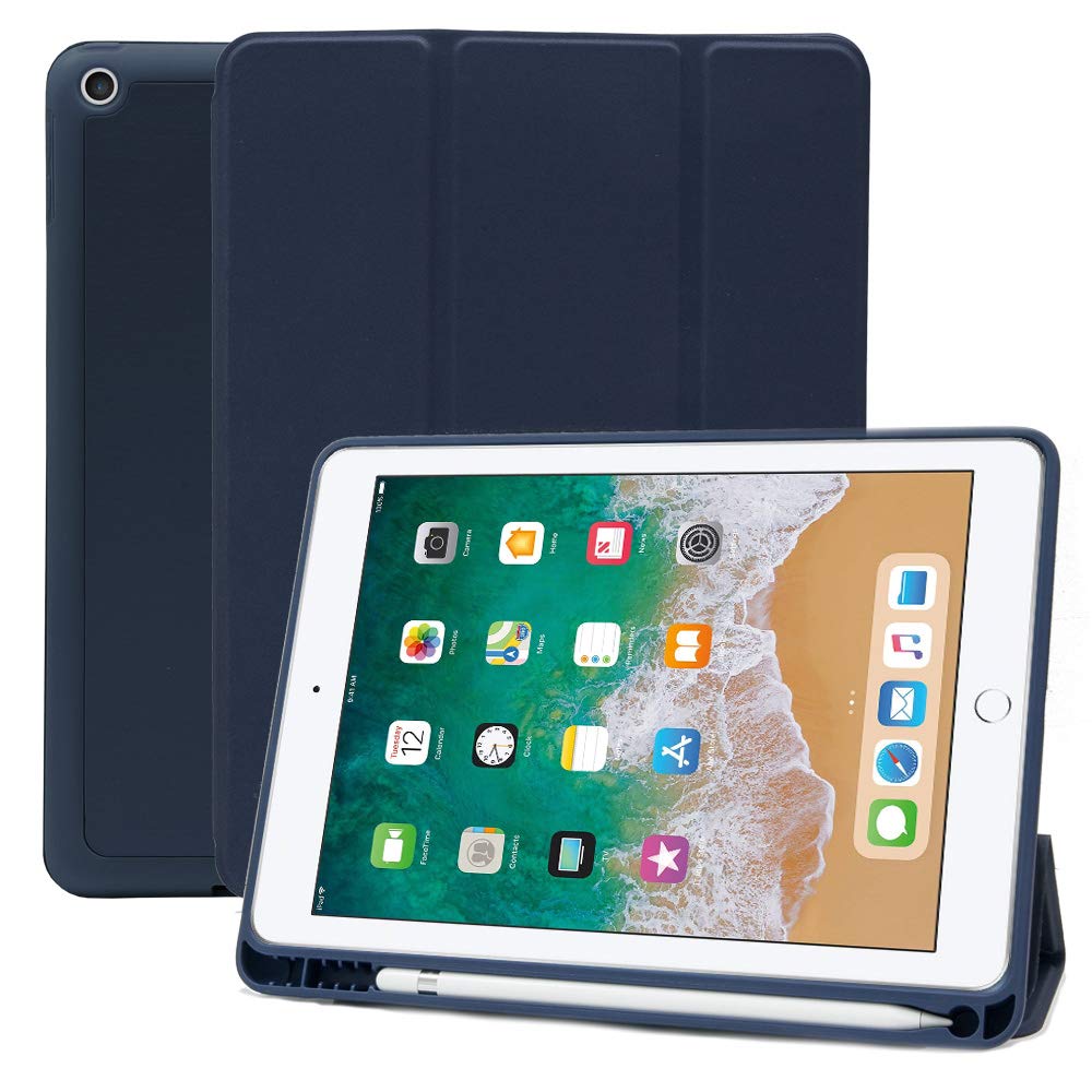 MS factory iPad 9.7 用 ケース 2018 2017 アイパッド 第5 第6世代 カバー Apple Pencil 収納 耐衝撃 スマートカバー ソフト TPU オートスリープ ペンシルホルダー ミッドナイトブルー 紺 IPD-5-S-HDR-NV