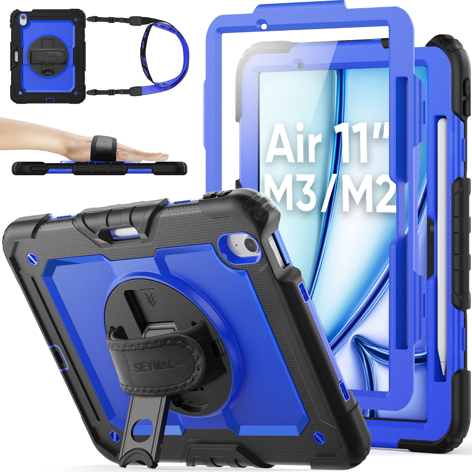 SEYMAC stock 2025年/2024年 11iniPad Air(M3/M2)耐衝撃入れもの 保護すること写真フィルム付き添い人 書きもの納める 360°回転させる照明ランプ ハンドストラップ ストラップ 全面保護すること押しかぶせる iPad Air 11 2025/2024専用型（ブル スマートフォン・携帯電話アクセサリー-スマートフォン・タブレット
