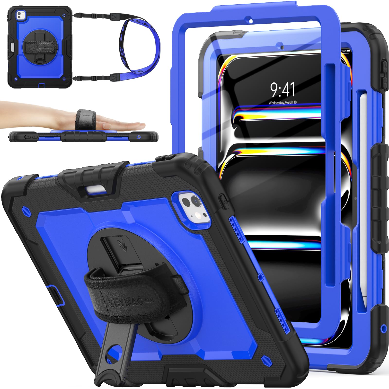 SEYMAC stock 2025年/2024年 11インチiPad Pro(M5/M4)耐衝撃ケース 保護フィルム付き ペン収納 360°回転スタンド ハンドストラップ ショルダーストラップ 全面保護カバー iPad Pro 11 2025/2024専用型(ブル|WES STORE