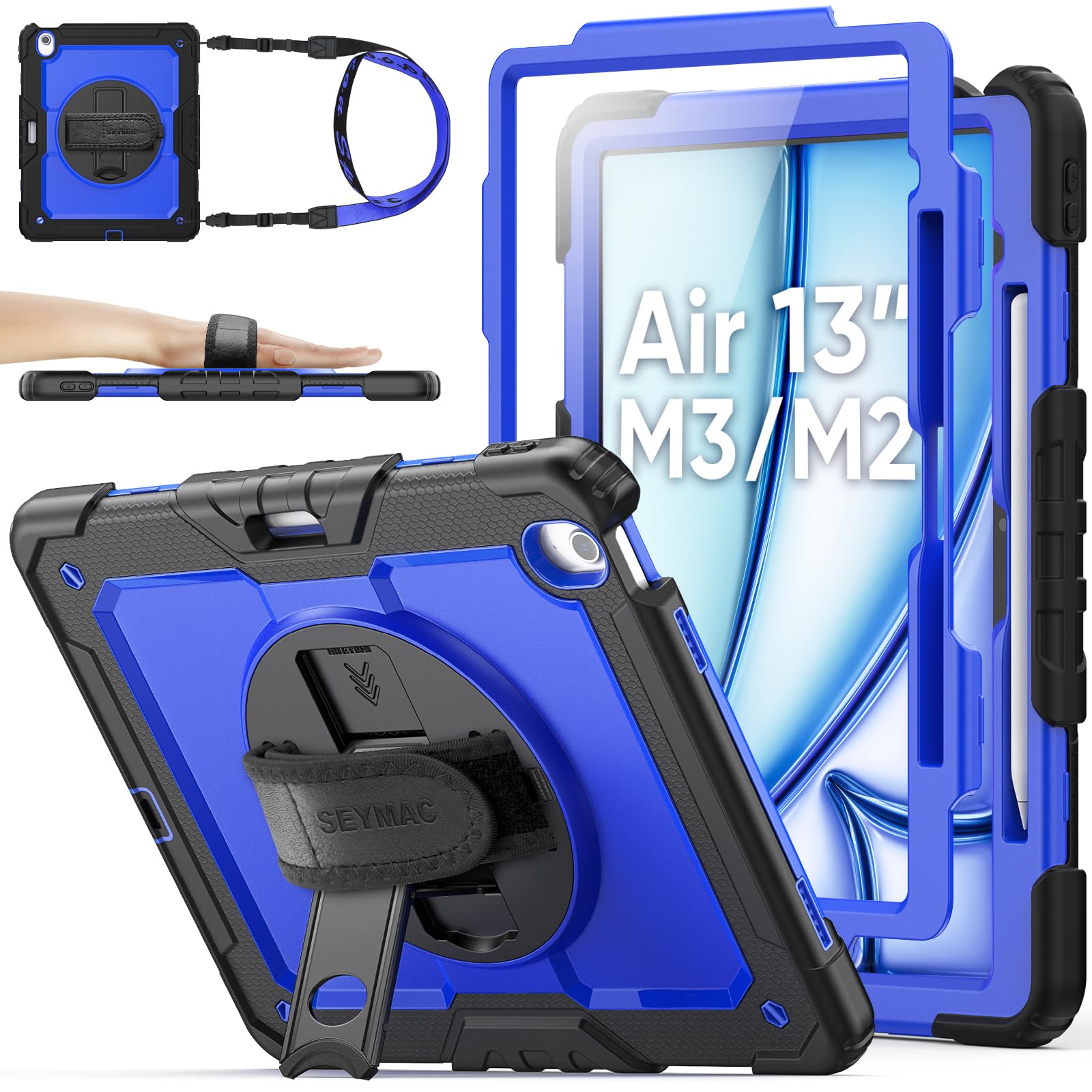 SEYMAC stock 2025年/2024年 13iniPad Air(M3/M2)耐衝撃入れもの 保護すること写真フィルム付き添い人 書き込み納める 360°回転させる照明ランプ ハンドストラップ ストラップ 全面保護すること押しかぶせる iPad Air 13 2025/2024専用型（ブル