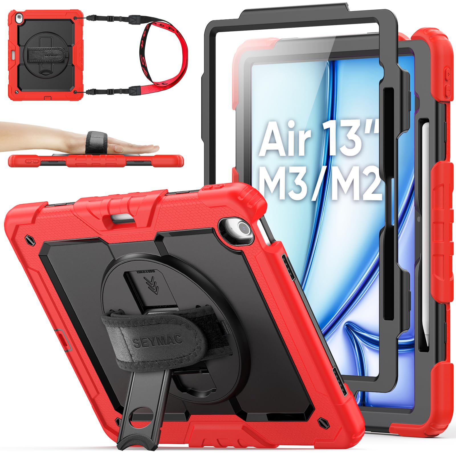 SEYMAC stock 2025年/2024年 13iniPad Air(M3/M2)耐衝撃入れもの 保護すること写真フィルム付き添い人 書き込み納める 360°回転させる照明ランプ ハンドストラップ ストラップ 全面保護すること押しかぶせる iPad Air 13 2025/2024専用型（レッ