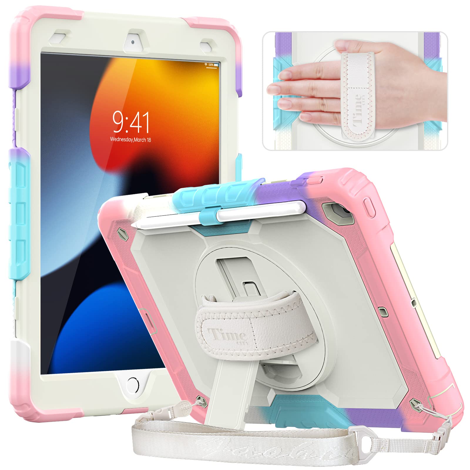 Timecity 相応う 入れもの iPad 10.2in 耐衝撃 iPad 第9時人/第8時人/第7時人 入れもの 防御すること消印内蔵 360度回転させる照明ランプ 書き込み納める 肩紐 ハンドストラップ付き添い人 牢固たる 傷押しとどめる 肩かけ 多役立つこと 全面防御することカ