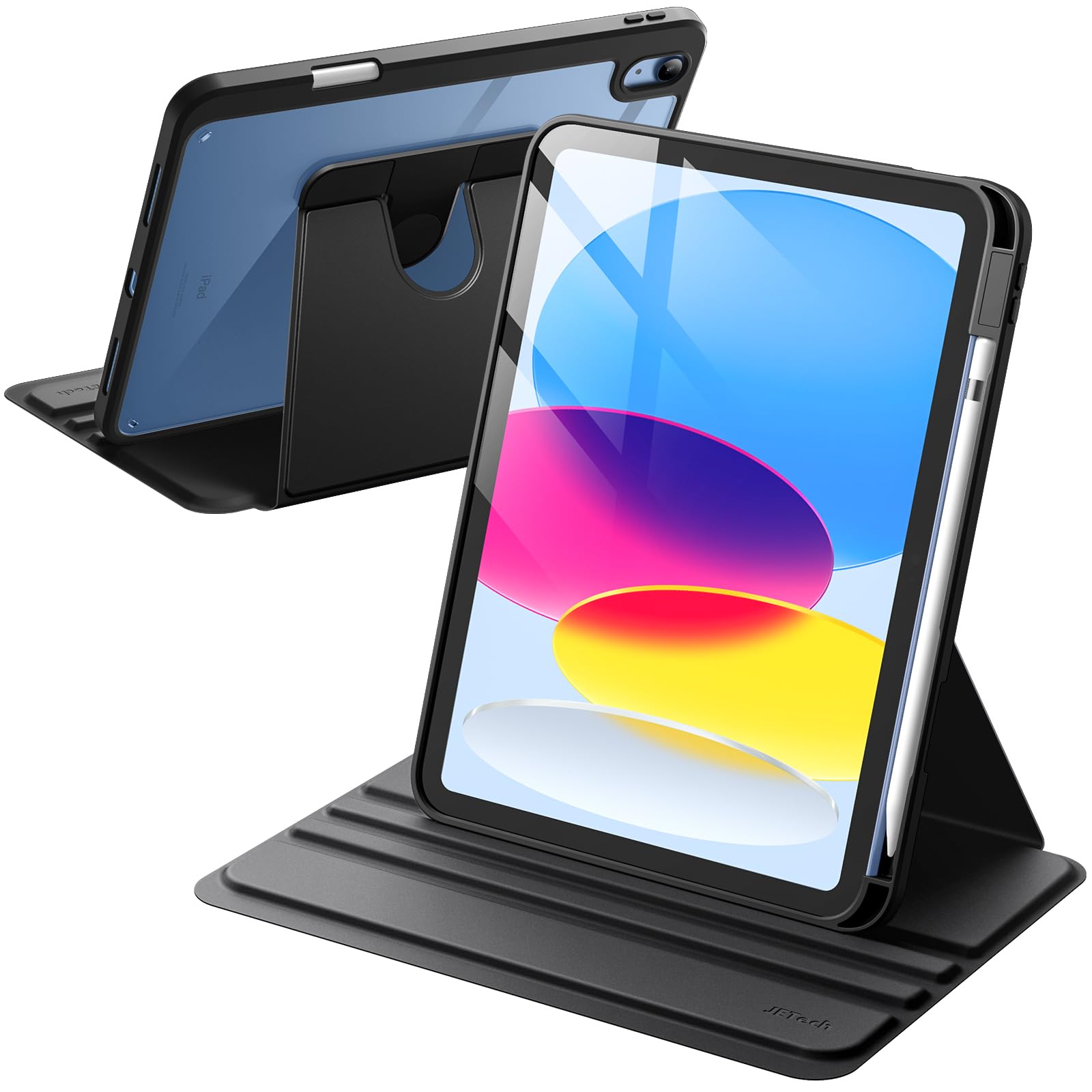 JETech 回転ケース iPad（A16）ケース 第11/10世代（2025/2022モデル）用Pencilホルダー付き 360°回転保護 スタンドカバー クリアバック 自動ウェイク/スリープ (ブラック)