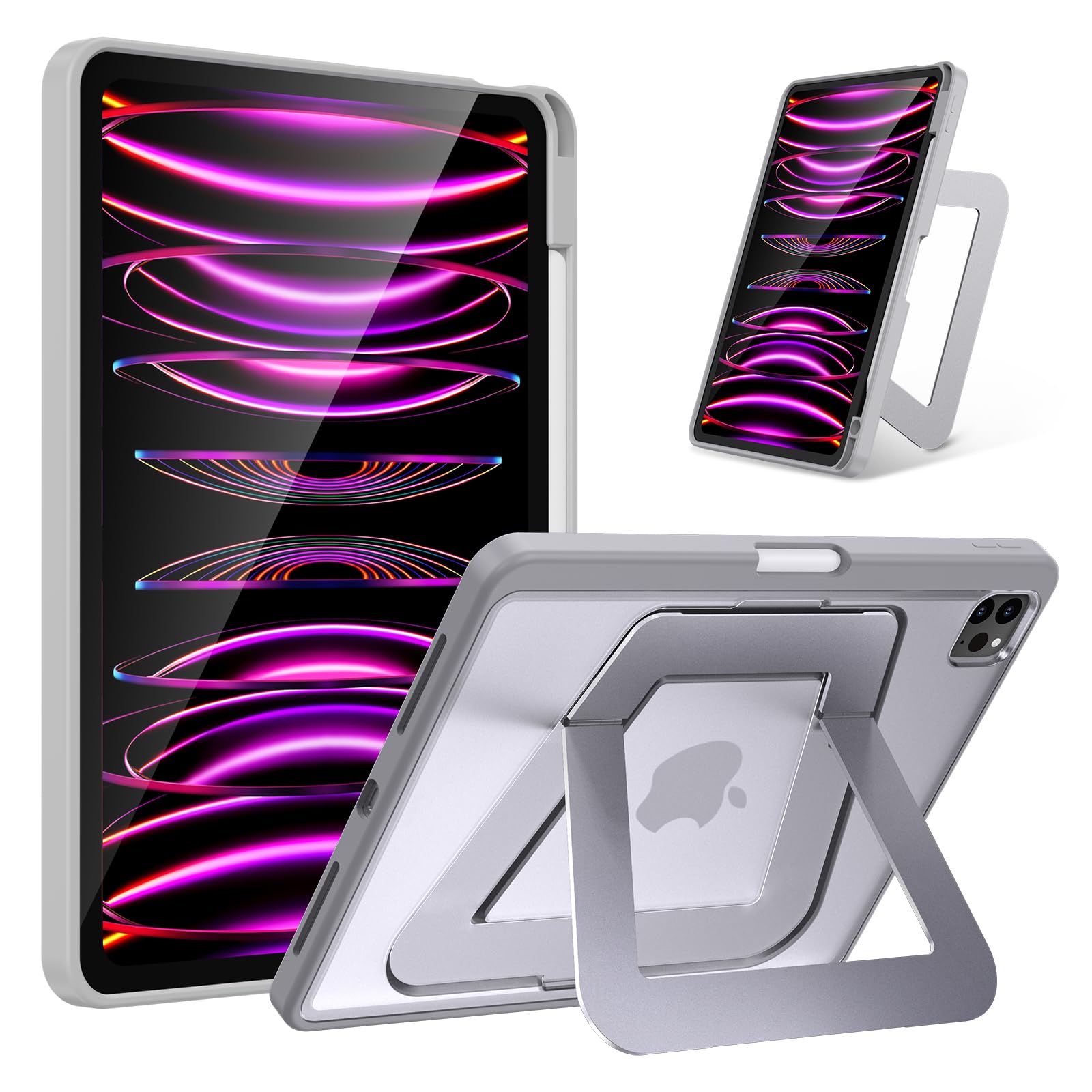【米軍MIL規格・縦置き/横置きスタンド】HEIGKOIK iPad Pro 11インチ ケース 第4/3/2世代(2022/2021/2020)専用カバー アルミ調節式 縦横スタンド ペンシルホルダー付き 薄型 軽量 耐衝撃 半透明カバー (
