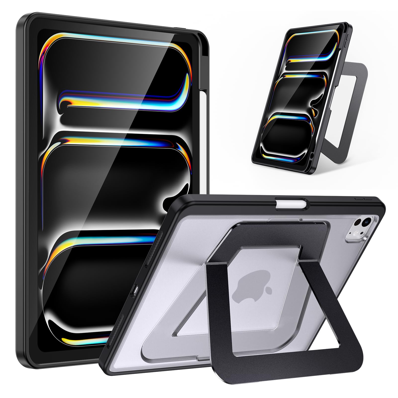 【米軍MIL規格・縦置き/横置きスタンド】HEIGKOIK iPad Pro 11インチ ケース（M5/M4、2025/2024）専用カバー アルミ調節式 縦横スタンド ペンシルホルダー付き 薄型 軽量 耐衝撃 半透明カバー (ブラッ