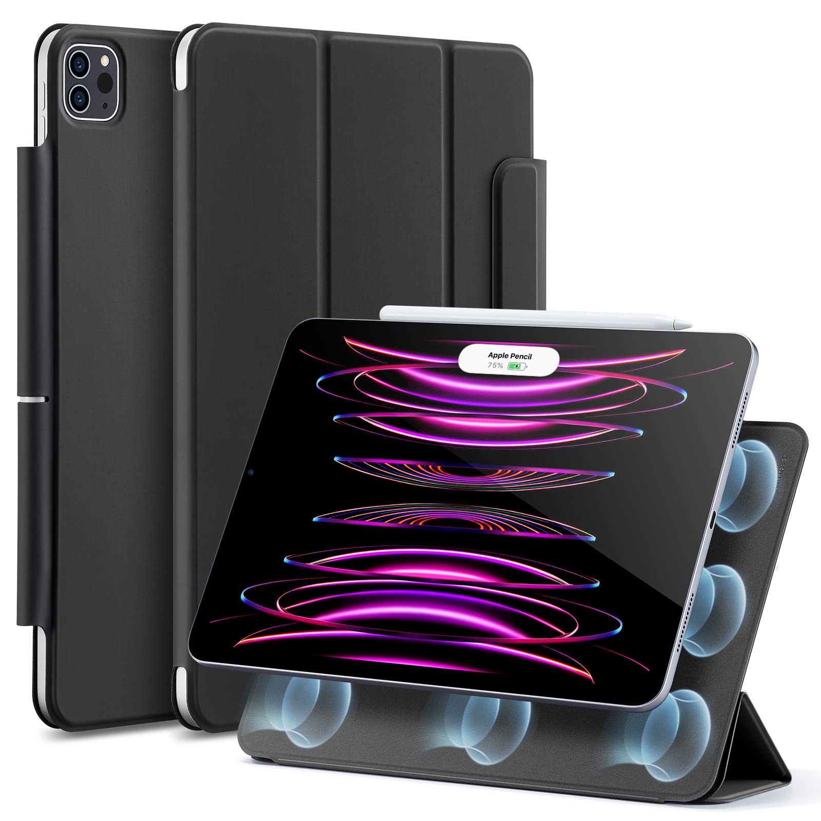 ESR iPad Pro 12.9 ケース (2022/2021/2020、第6/5/4世代) iPad Air 13インチ 専用カバー(2025/2024) マグネットス吸着式 Pencil2対応 三つ折りスタンド オートスリープ・ウェイク Rebound 磁気ケース ブラック