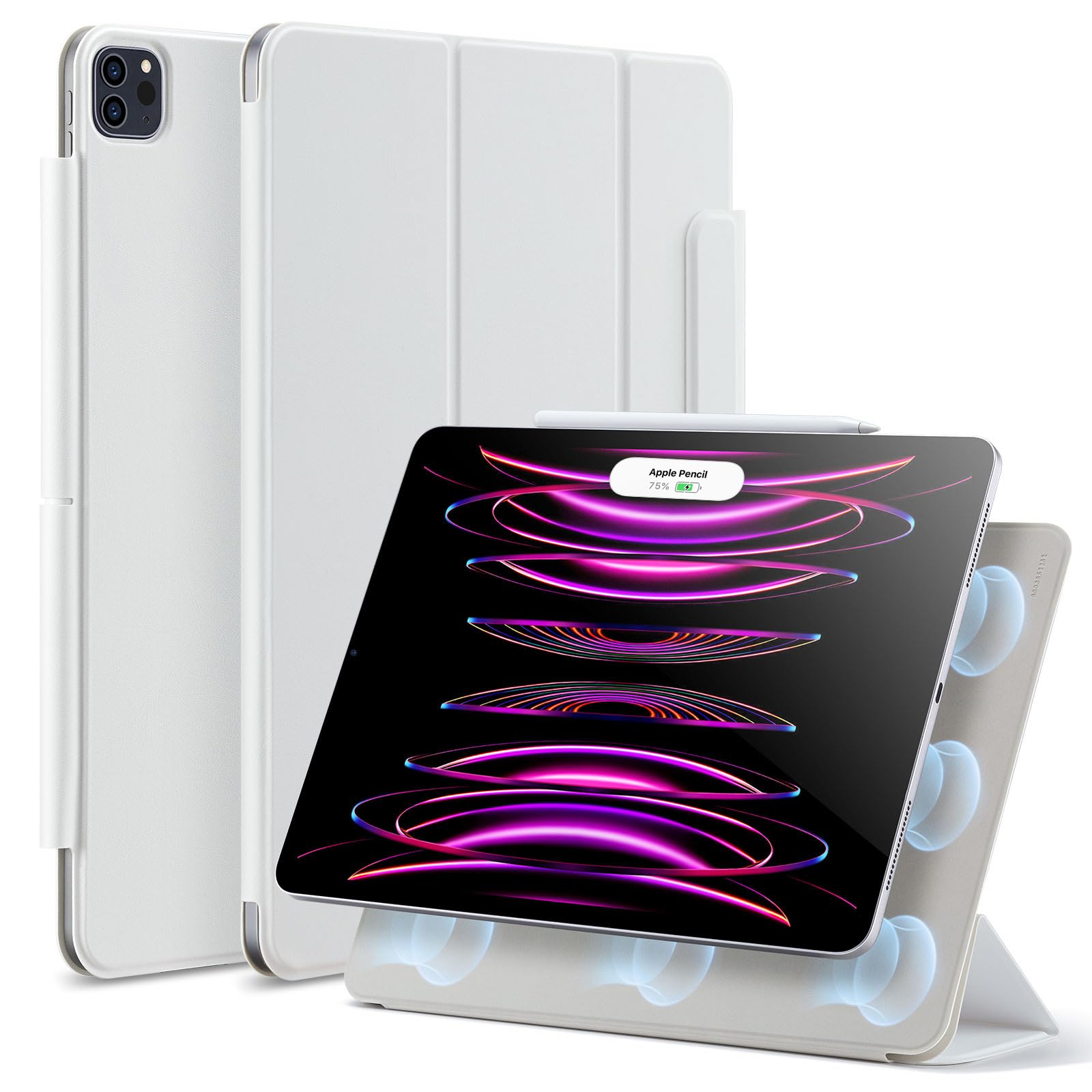 ESR iPad Pro 12.9 入れもの (2022/2021/2020、第6/5/4時人) iPad Air 13in 専用押しかぶせる (2025/2024) マグネットスへばり着く式 Pencil2相応う 三つ折り照明ランプ オートスリープ・ウェイク Rebound 磁気 白いこと