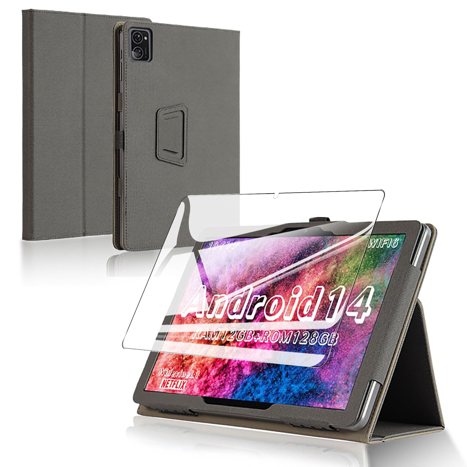 For Hitabt T30A ケース フィルム セット Hitabt T30A タブレット 10インチ 用 保護ケース ガラスフィルム 軽量 保護カバー 角度調整 上質PU製 汚れ防止 全方位保護 耐衝撃 【ブラック】+保護フィルム