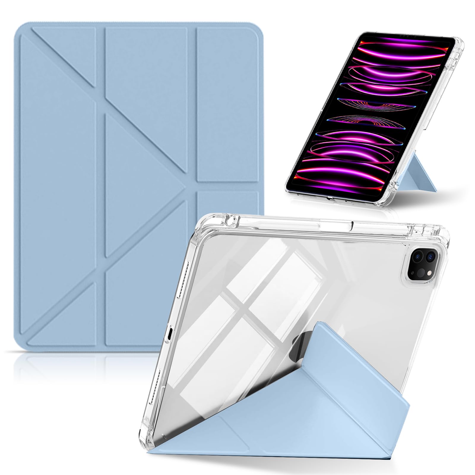 CeiLarv コンパチブル iPad Pro 11インチ ケース 第4/3/2/1世代 (2022/2021/2020/2018) ケース 横置＆縦置 スタンド機能 透明バックカバー 超スリム Y折り 軽量 衝撃保護 折りたたみ ペンシル収納 アイパッ