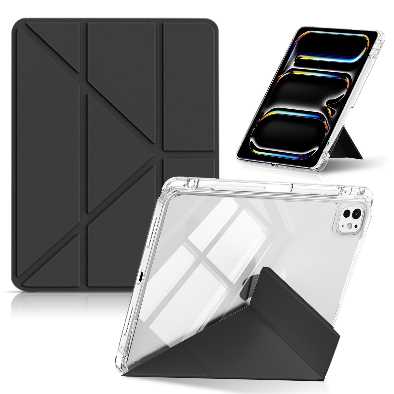 CeiLarv コンパチブル iPad Pro 11インチ M5/M4 2025/2024 ケース TPU + PUレザー 保護ケース 折りたたみ 横置＆縦置 スタンド機能 超スリム Y折り 軽量 衝撃保護 ペンシル収納 オートスリープ/ウェイ ア