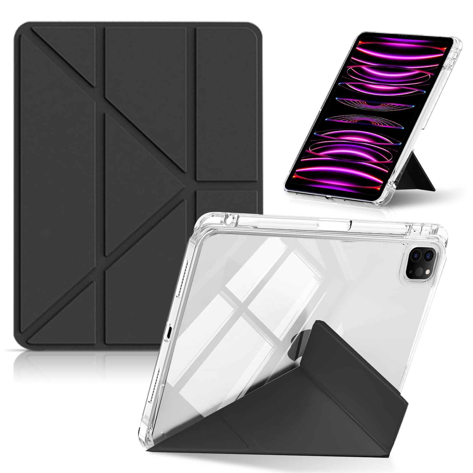 CeiLarv コンパチブル iPad Pro 11インチ ケース 第4/3/2/1世代 (2022/2021/2020/2018) ケース 横置＆縦置 スタンド機能 透明バックカバー 超スリム Y折り 軽量 衝撃保護 折りたたみ ペンシル収納 アイパッ