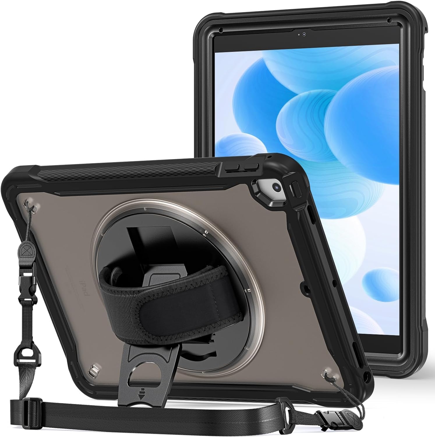 ProCase iPad 9.7 半透明カバー 6世代・5世代 Air 2 Air 1適用 耐衝撃 肩ひも付き ペン収納 360°回転スタンド 手首付き 3層保護