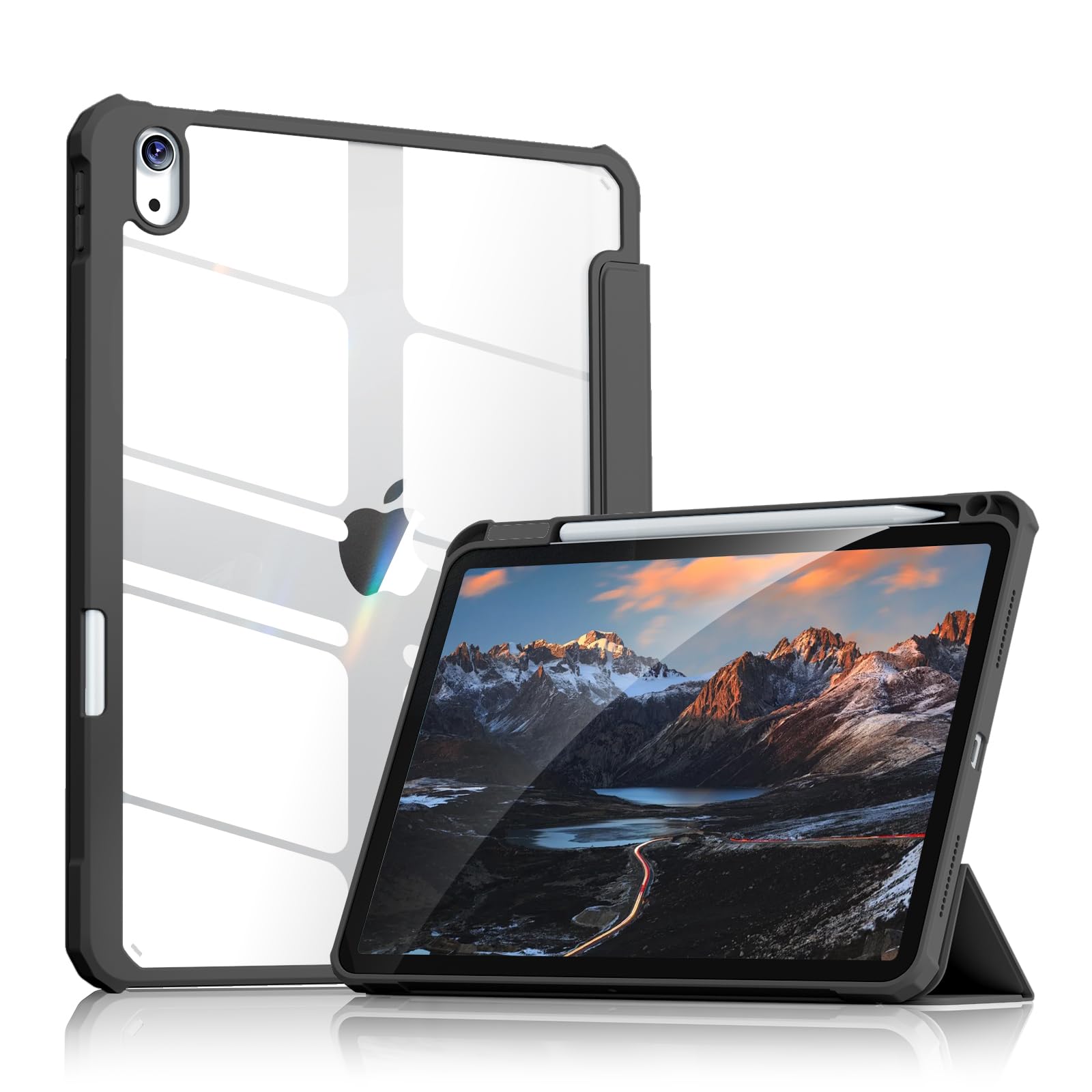 Aoub iPad 11世代 (A16) 10世代 ケース iPad ケース 第10世代 2022 10.9 インチ 透明バックカバー ペンシル 収納可能 三つ折スタンド スリープ機能 軽量 薄型 傷つけ防止 TPUフレーム PU合成レザー ブラ