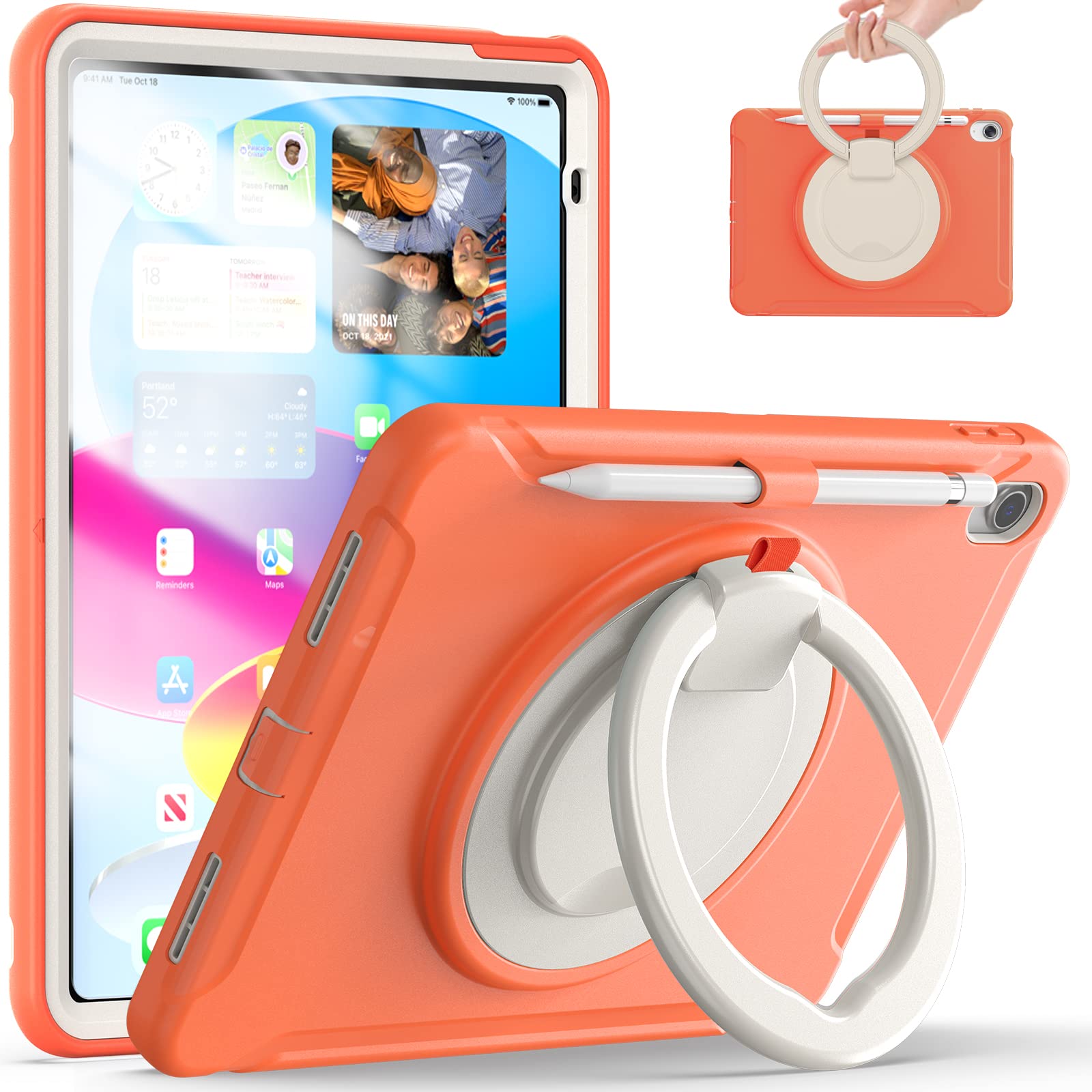 iPad 用 ケース,iPad 11世代 対応（A16）11インチ 2025/10世代 10.9インチ 2022 ケース リング付き 衝撃吸収 軽い 頑丈 360°回転スタンド 多方向 ハンドル付 カバー 落下防止 キズ防止 キッズ,オレンジ